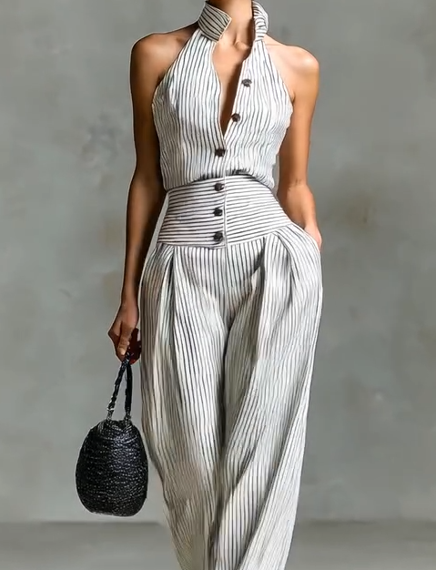 ✨New Halter-Neck Striped Two-Piece Set Is Here.🍂 Tailored Retro Elegance, Head-To-Toe Charm.✔️Perfect For Standout Summer Days.✔️