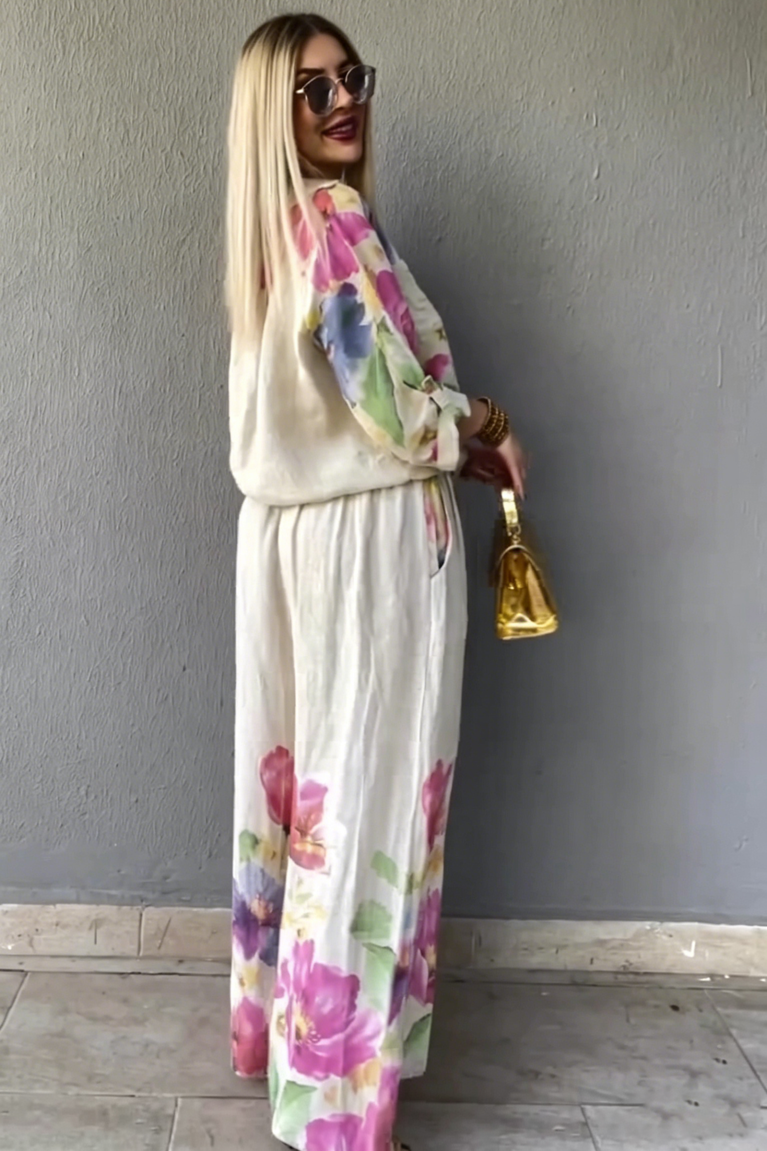 Watercolor Floral Print Linen Blend Shirt and Wide Leg Pants Set, Button-Down Top with Knotted Waist