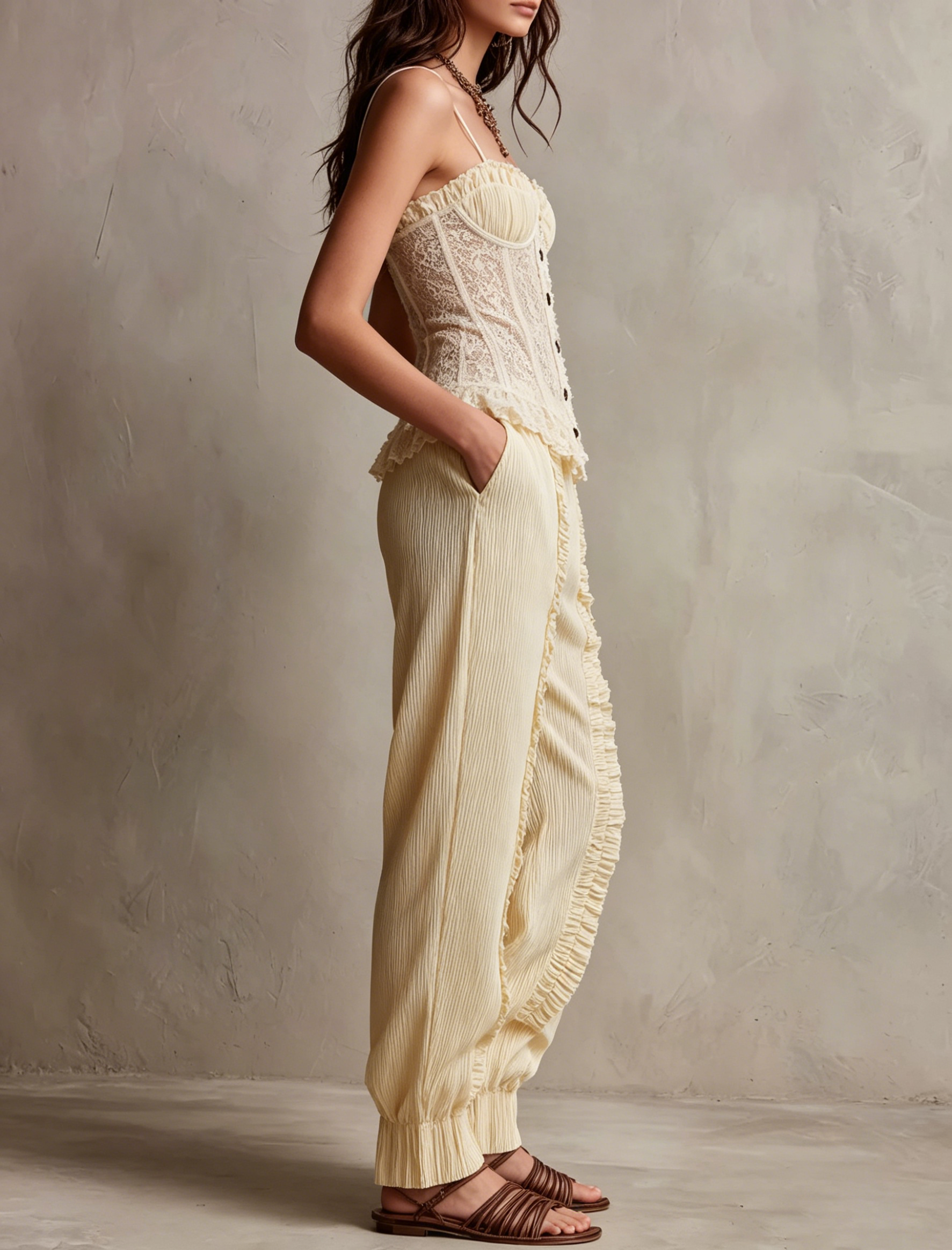 Corduroy Elastic Waist Ruffled Harem Pants