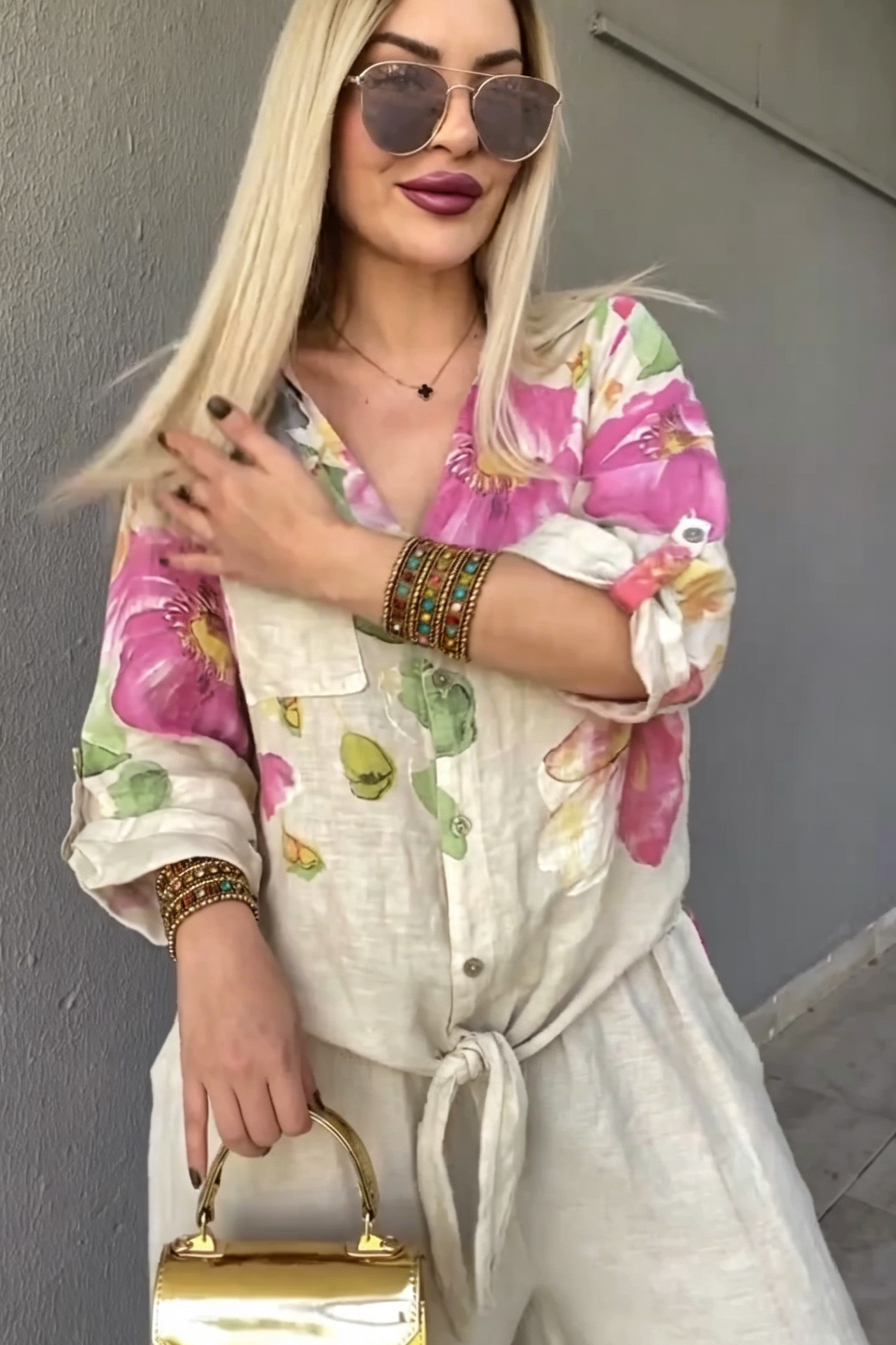 Watercolor Floral Print Linen Blend Shirt and Wide Leg Pants Set, Button-Down Top with Knotted Waist