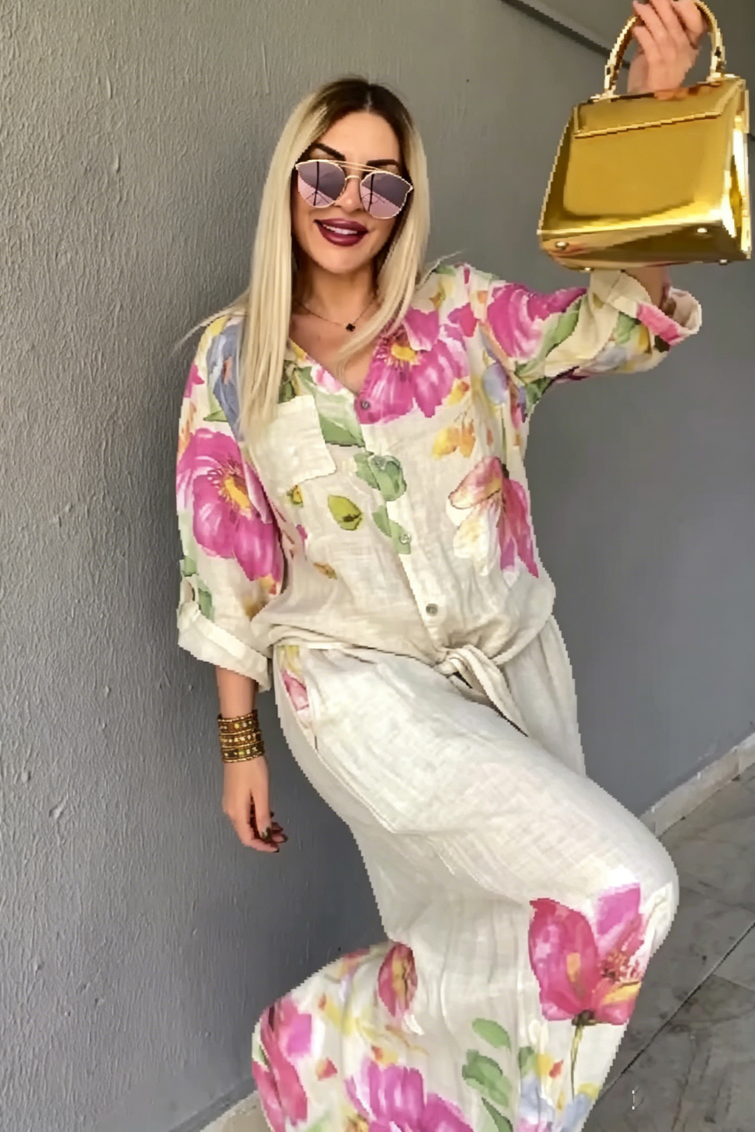 Watercolor Floral Print Linen Blend Shirt and Wide Leg Pants Set, Button-Down Top with Knotted Waist