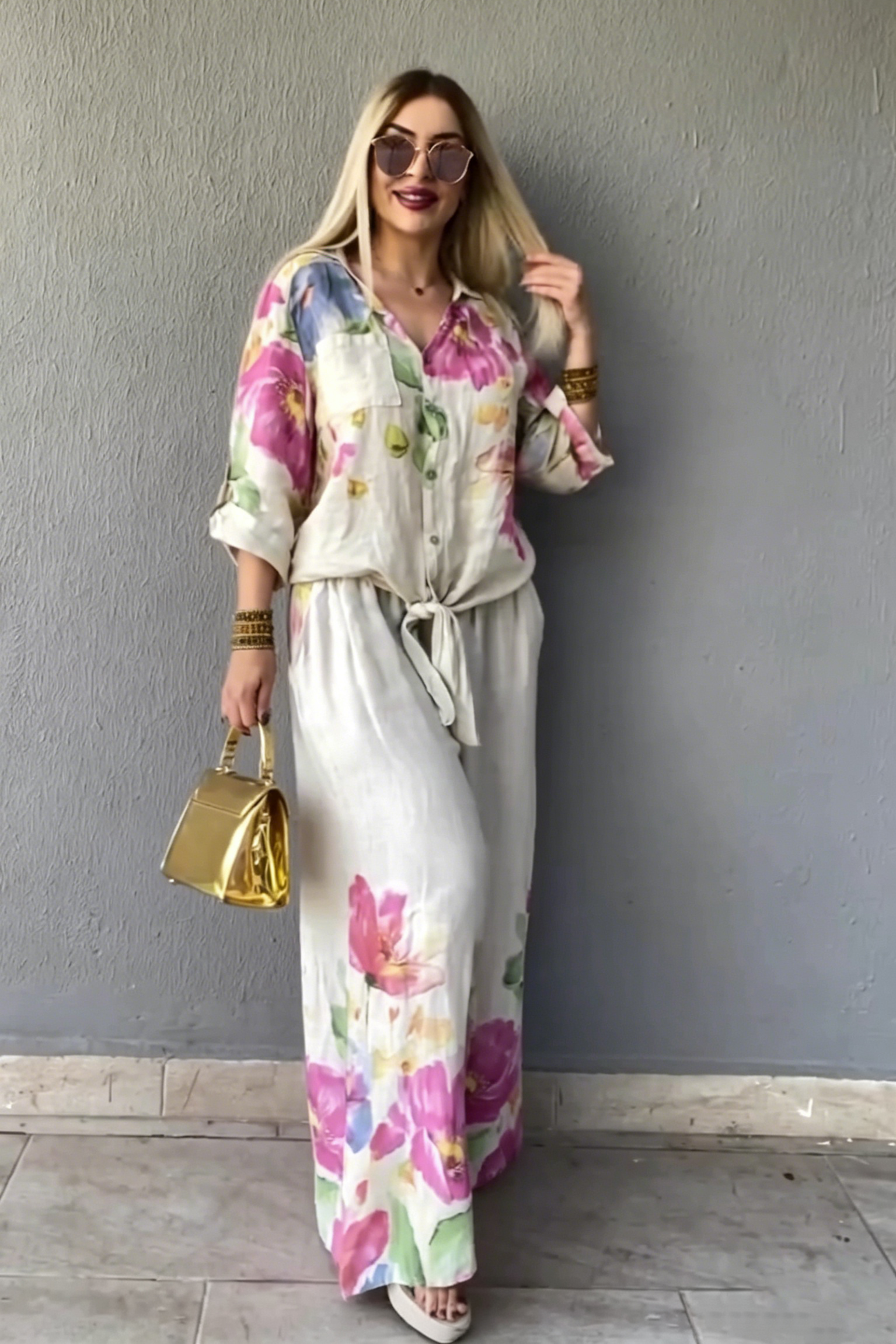 Watercolor Floral Print Linen Blend Shirt and Wide Leg Pants Set, Button-Down Top with Knotted Waist
