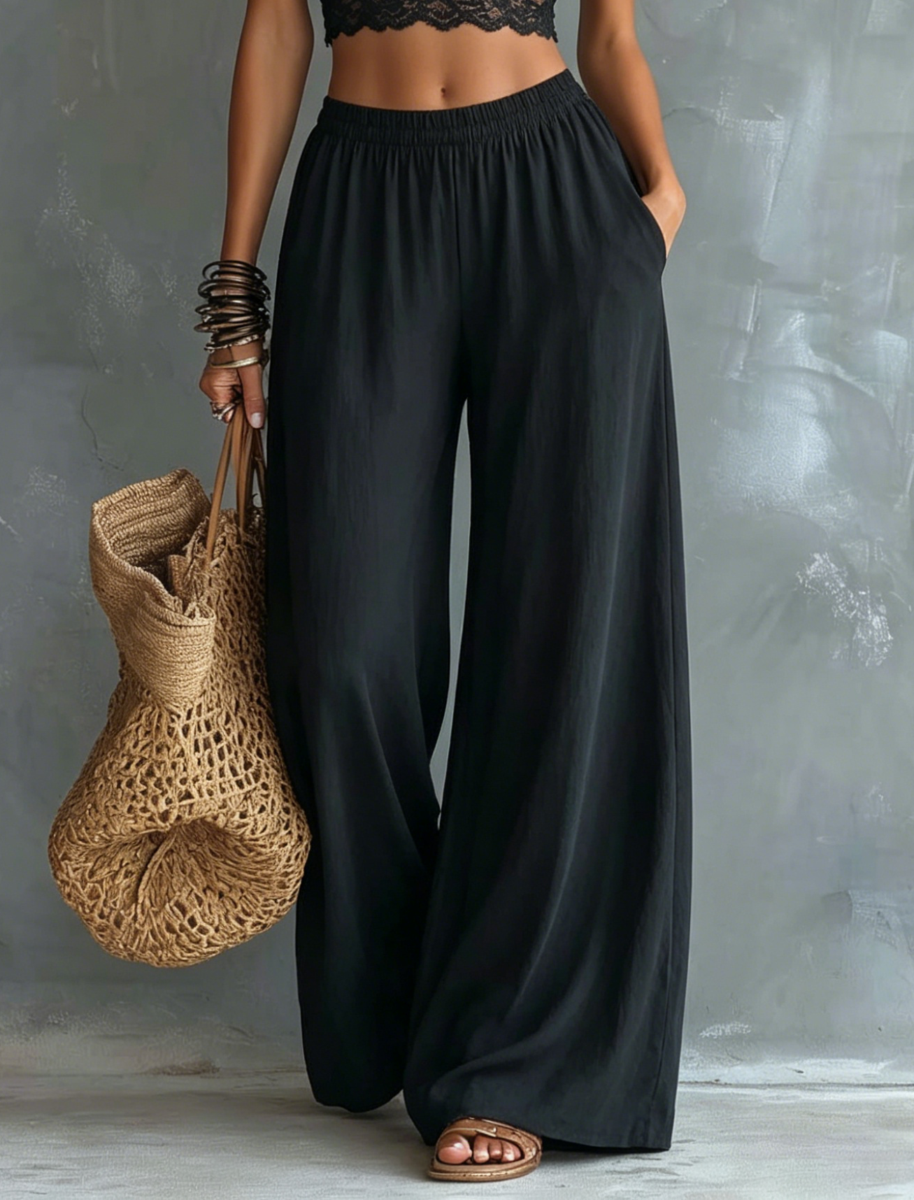 Flowy Cotton Linen Elastic Waist Wide Leg Beach Pants