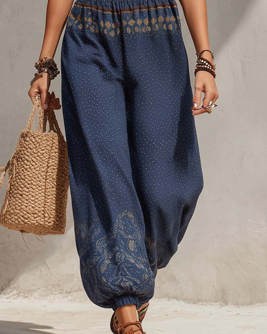 Ethnic Printed Cotton Linen Tapered Harem Pants