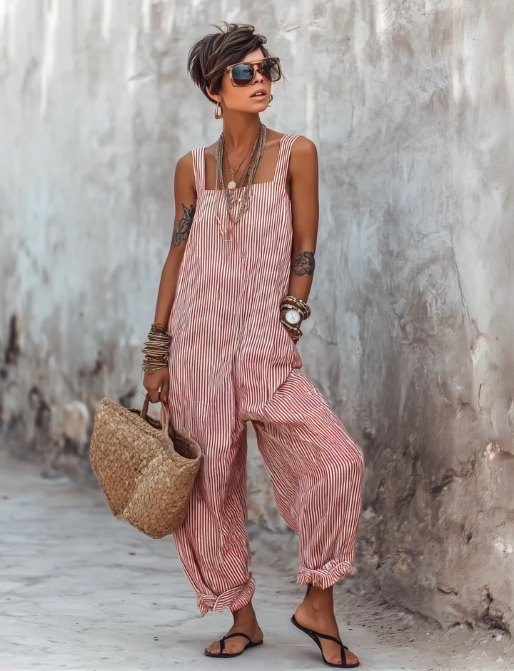 ✨New striped linen jumpsuit is here.🍂 Effortless boho charm, head-to-toe relaxed style.✔️Perfect for sunlit days & carefree moments.✔️