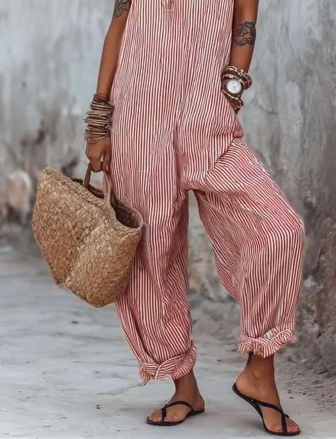 ✨New striped linen jumpsuit is here.🍂 Effortless boho charm, head-to-toe relaxed style.✔️Perfect for sunlit days & carefree moments.✔️