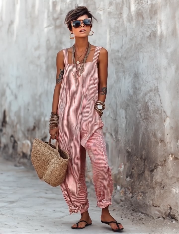 ✨New striped linen jumpsuit is here.🍂 Effortless boho charm, head-to-toe relaxed style.✔️Perfect for sunlit days & carefree moments.✔️