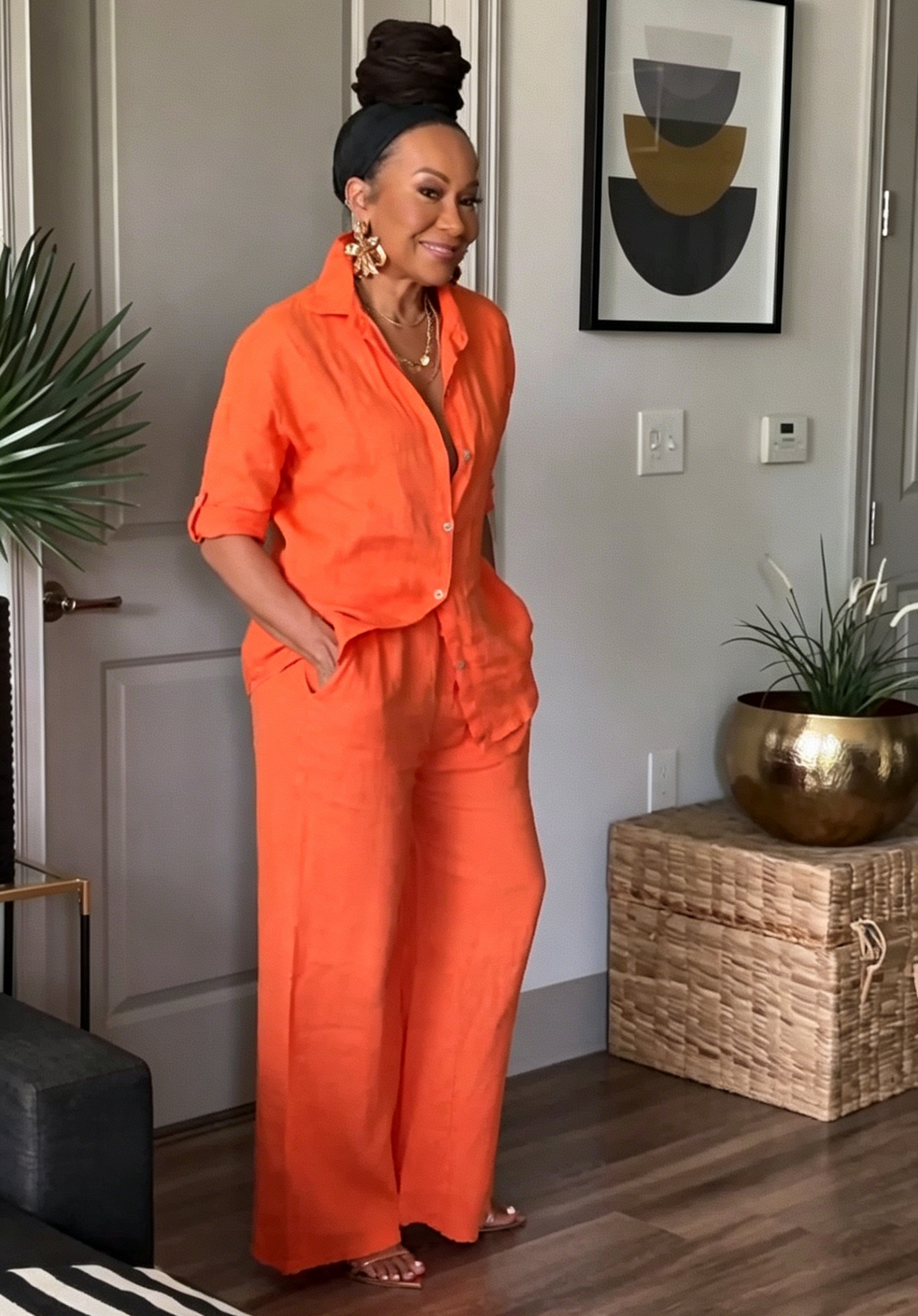 Linen Two-Piece Outfit - Collared Button-Down Shirt & High Waist Wide Leg Pants for Women