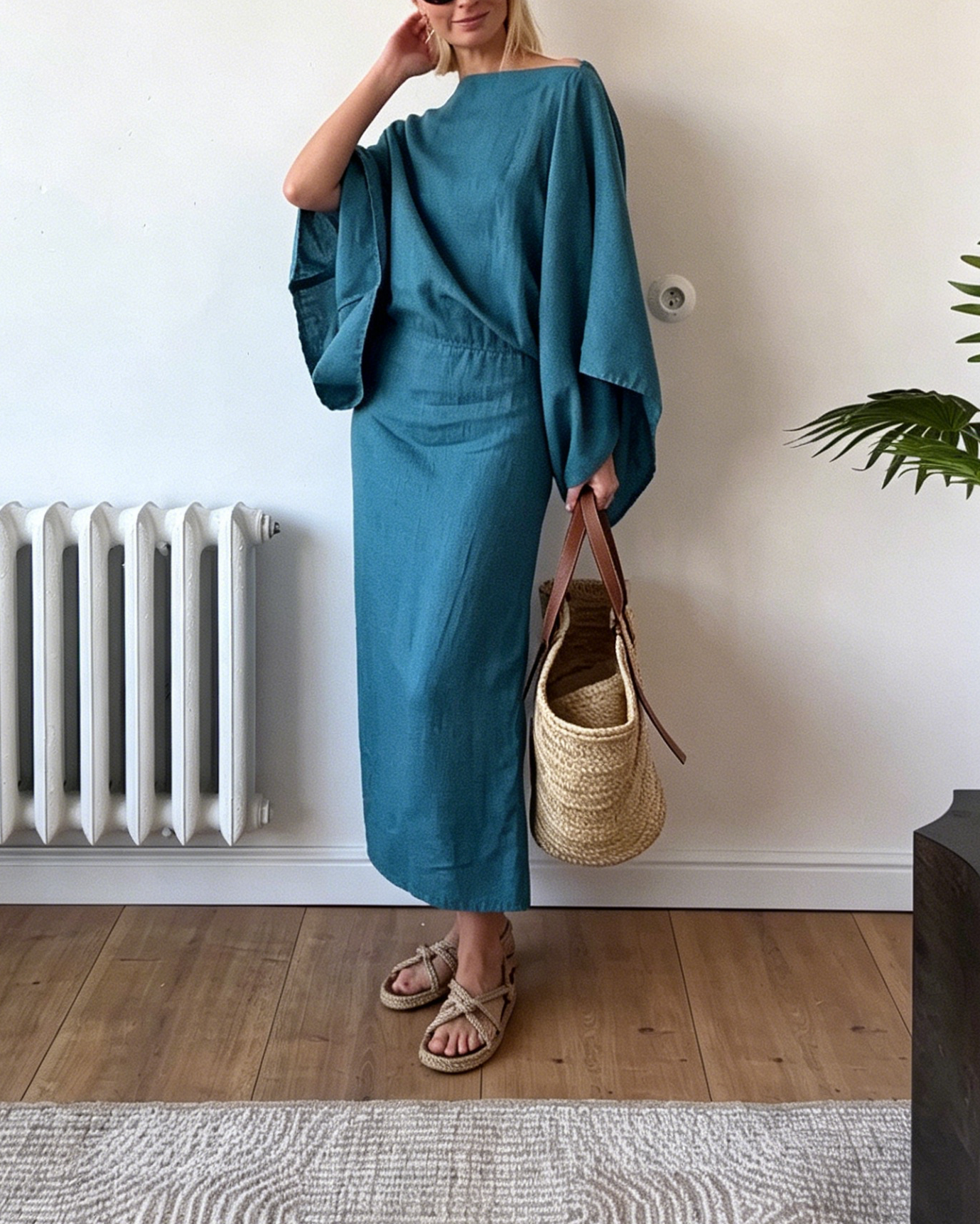 Teal Linen-Blend Two-Piece Maxi Dress with Batwing Sleeves