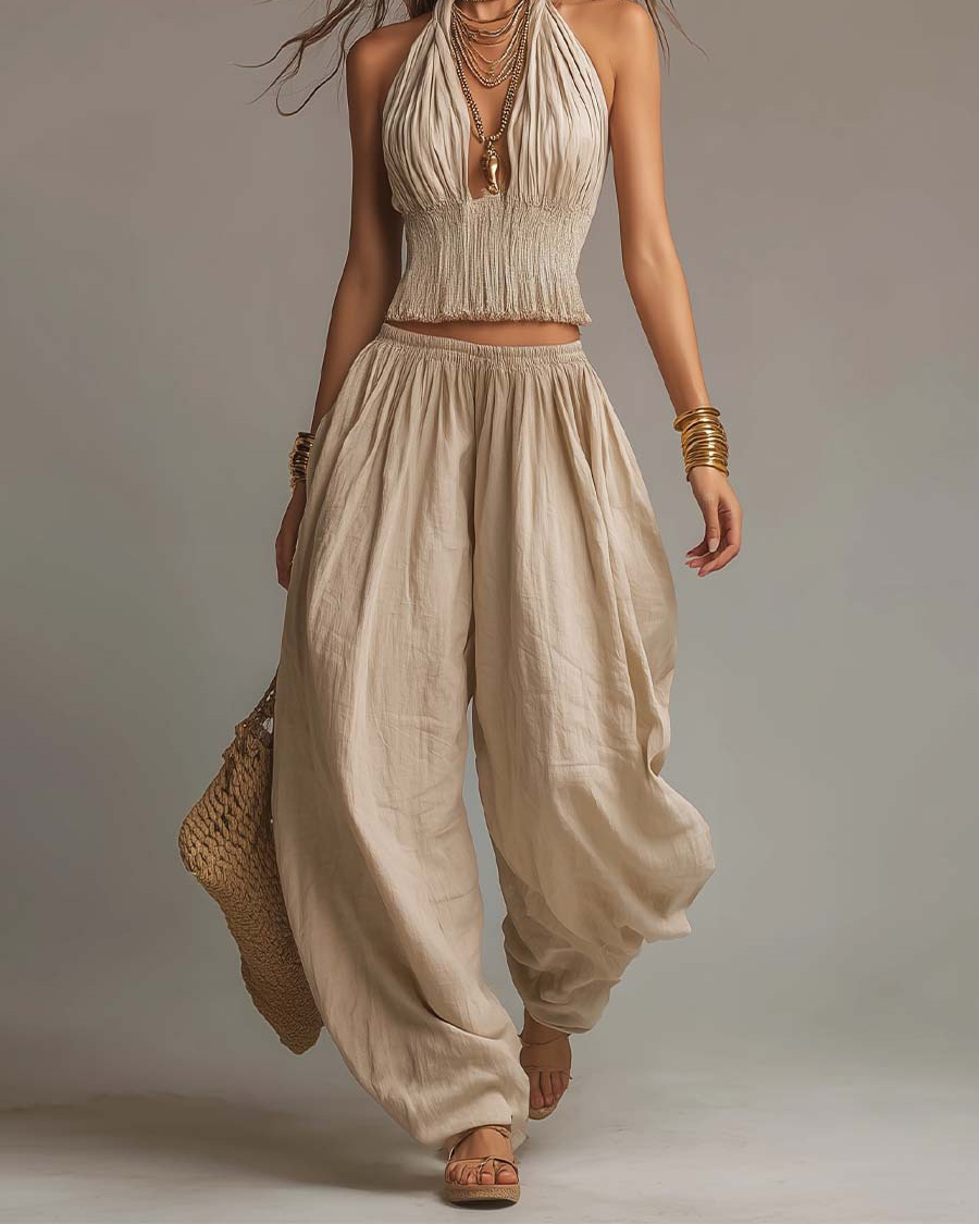 Cotton Linen Elastic Waist Boho Harem Pants