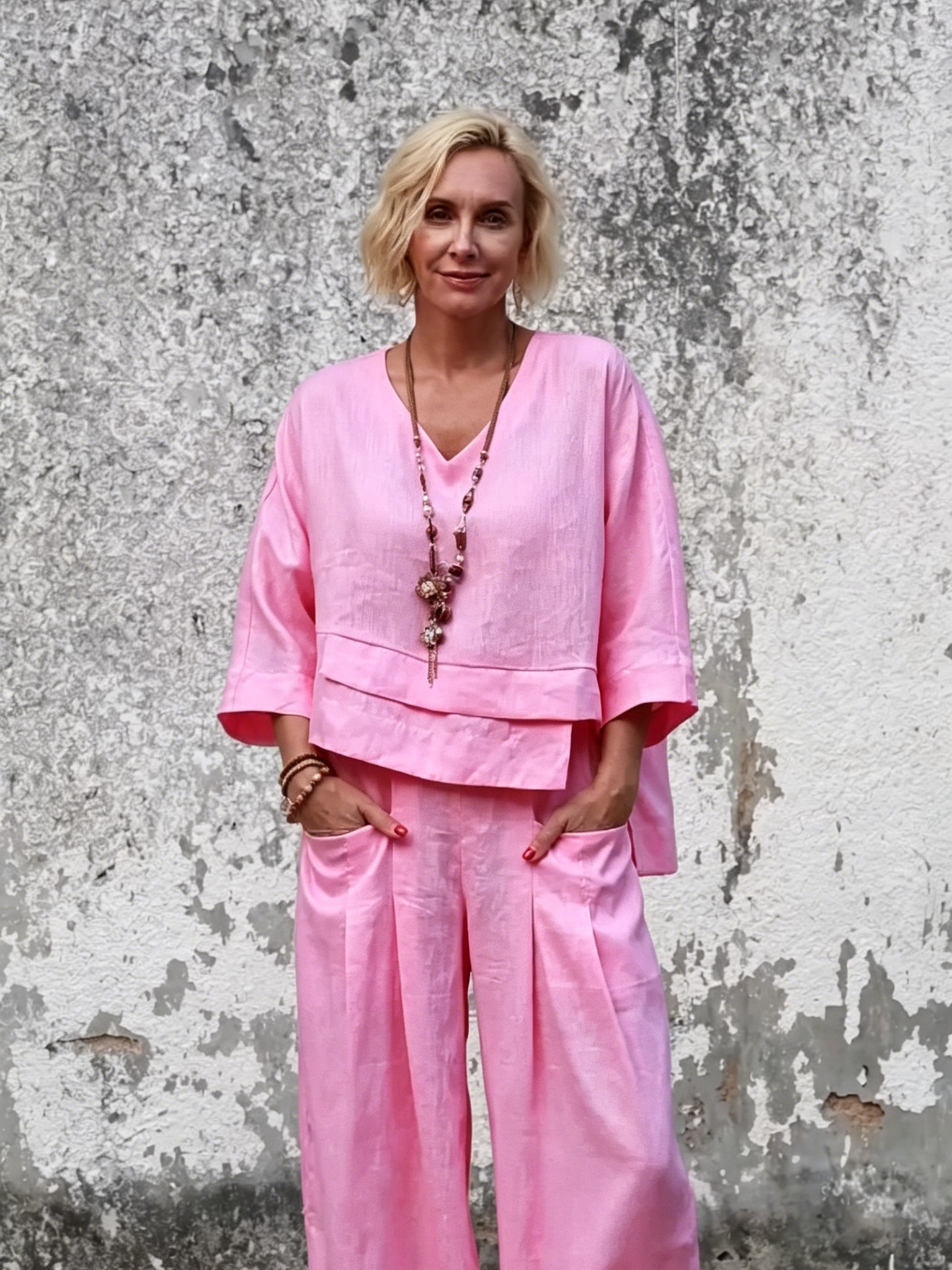 Linen Two-Piece Set - V-Neck 3/4 Sleeve Top & High Waist Wide Leg Palazzo Pants, Casual Loungewear