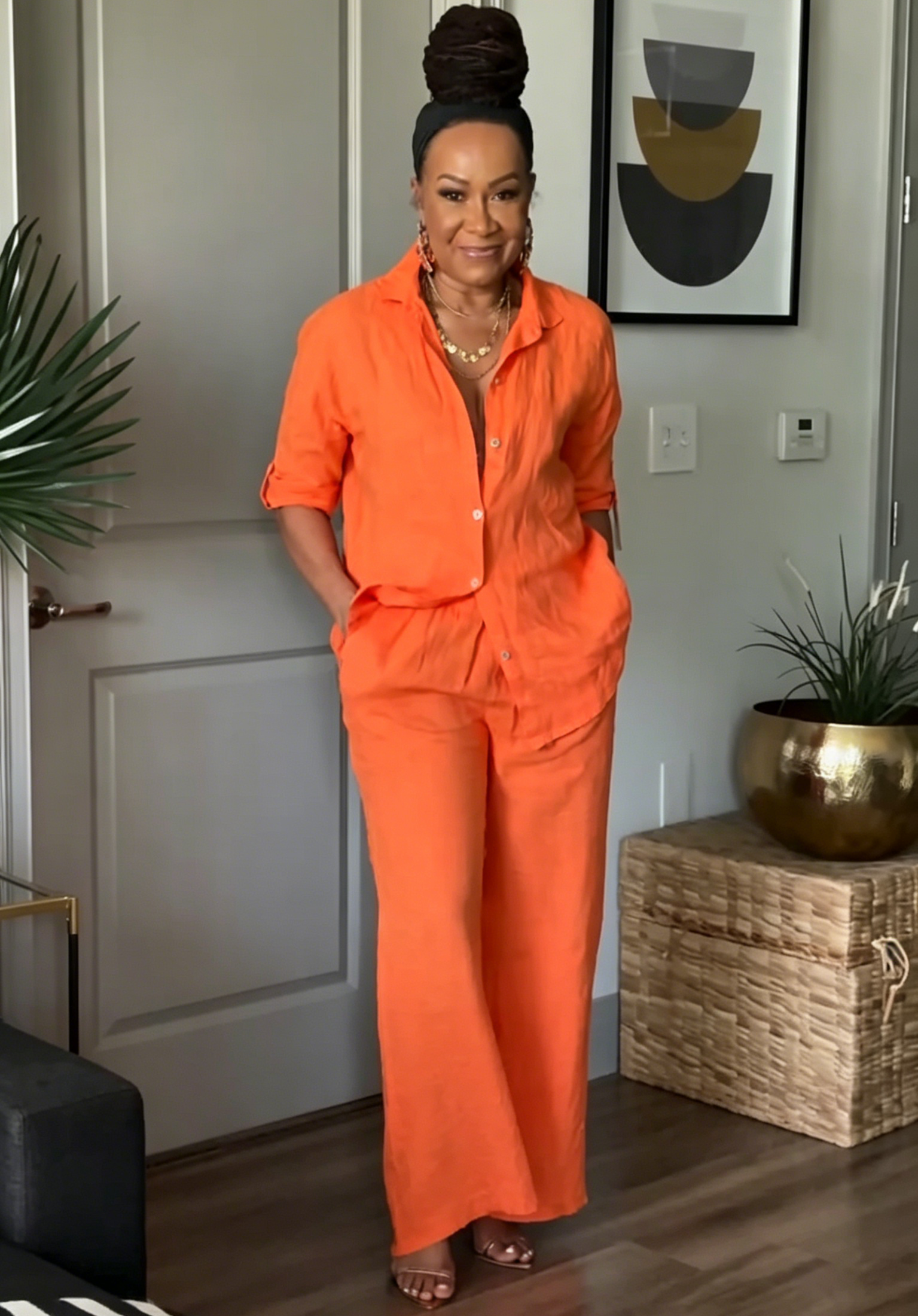 Linen Two-Piece Outfit - Collared Button-Down Shirt & High Waist Wide Leg Pants for Women
