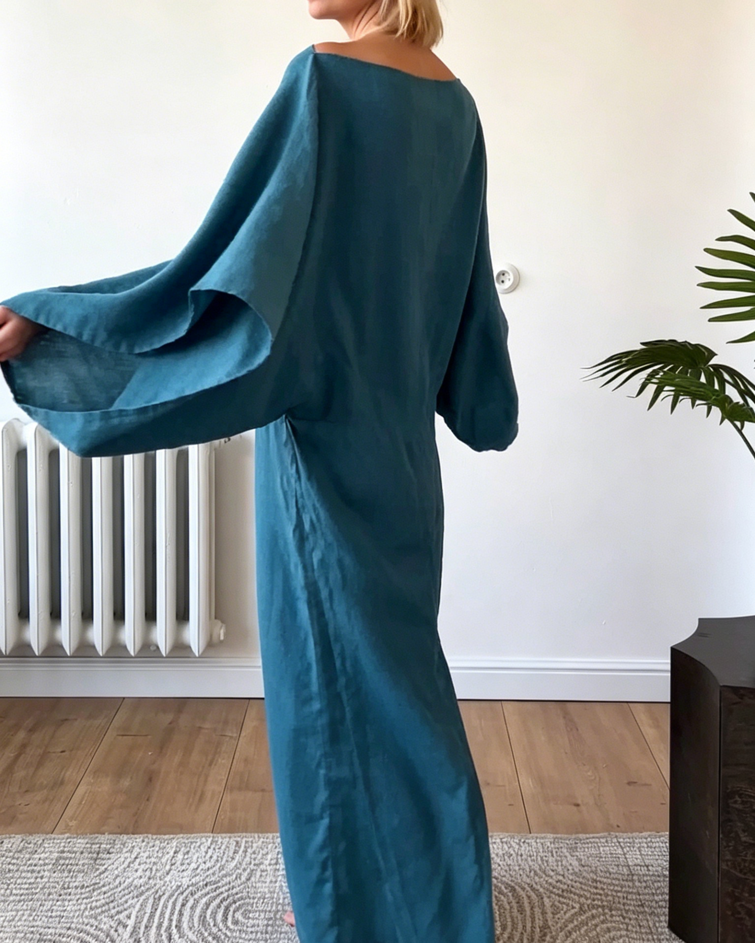 Teal Linen-Blend Two-Piece Maxi Dress with Batwing Sleeves