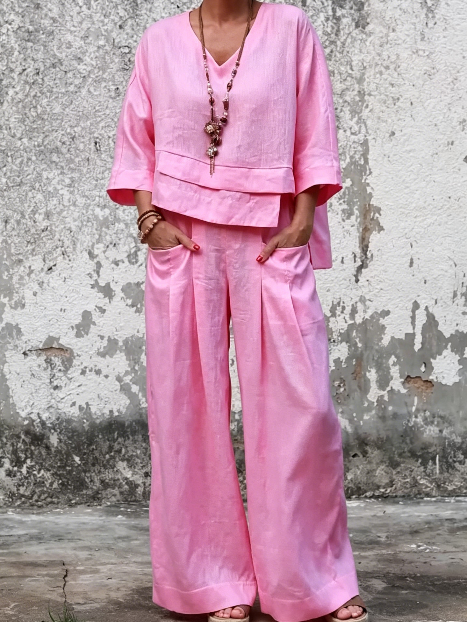 Linen Two-Piece Set - V-Neck 3/4 Sleeve Top & High Waist Wide Leg Palazzo Pants, Casual Loungewear