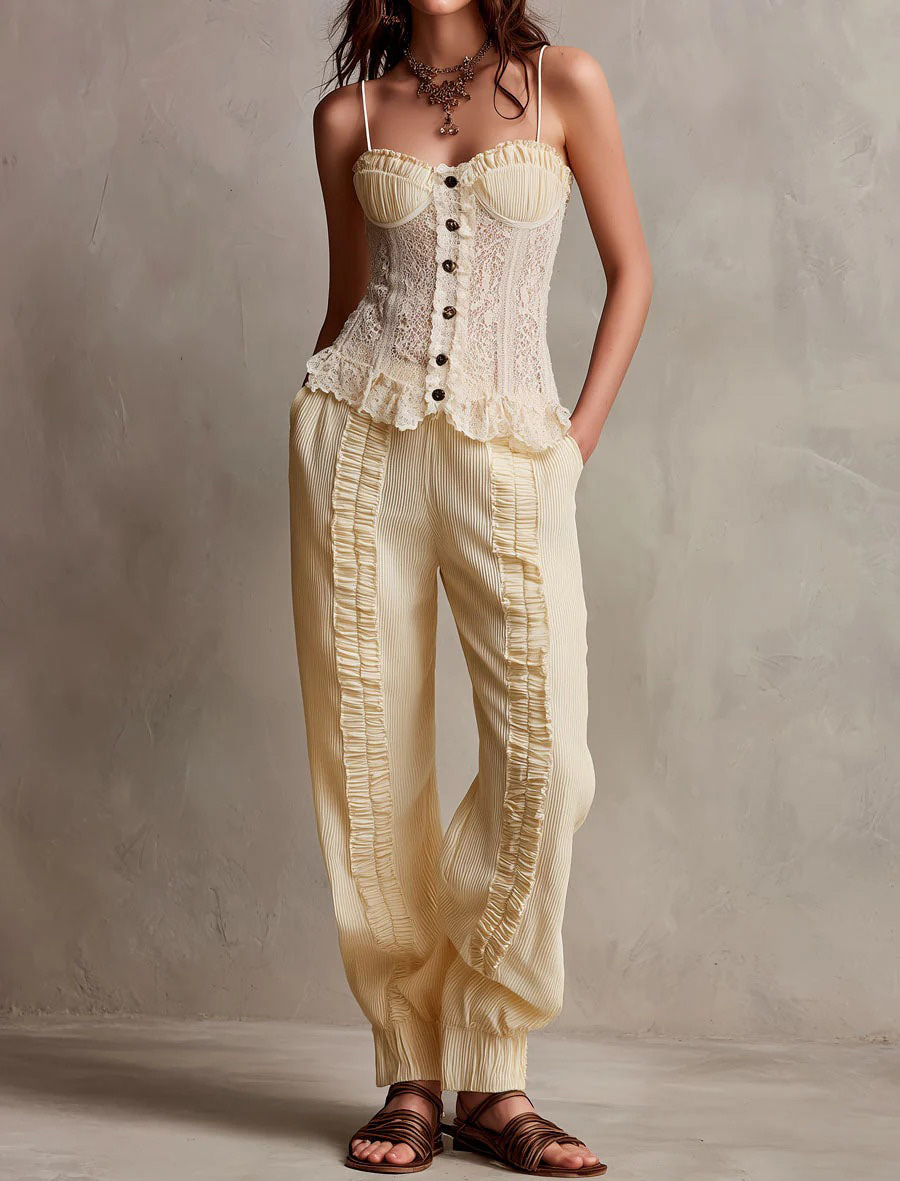 Corduroy Elastic Waist Ruffled Harem Pants