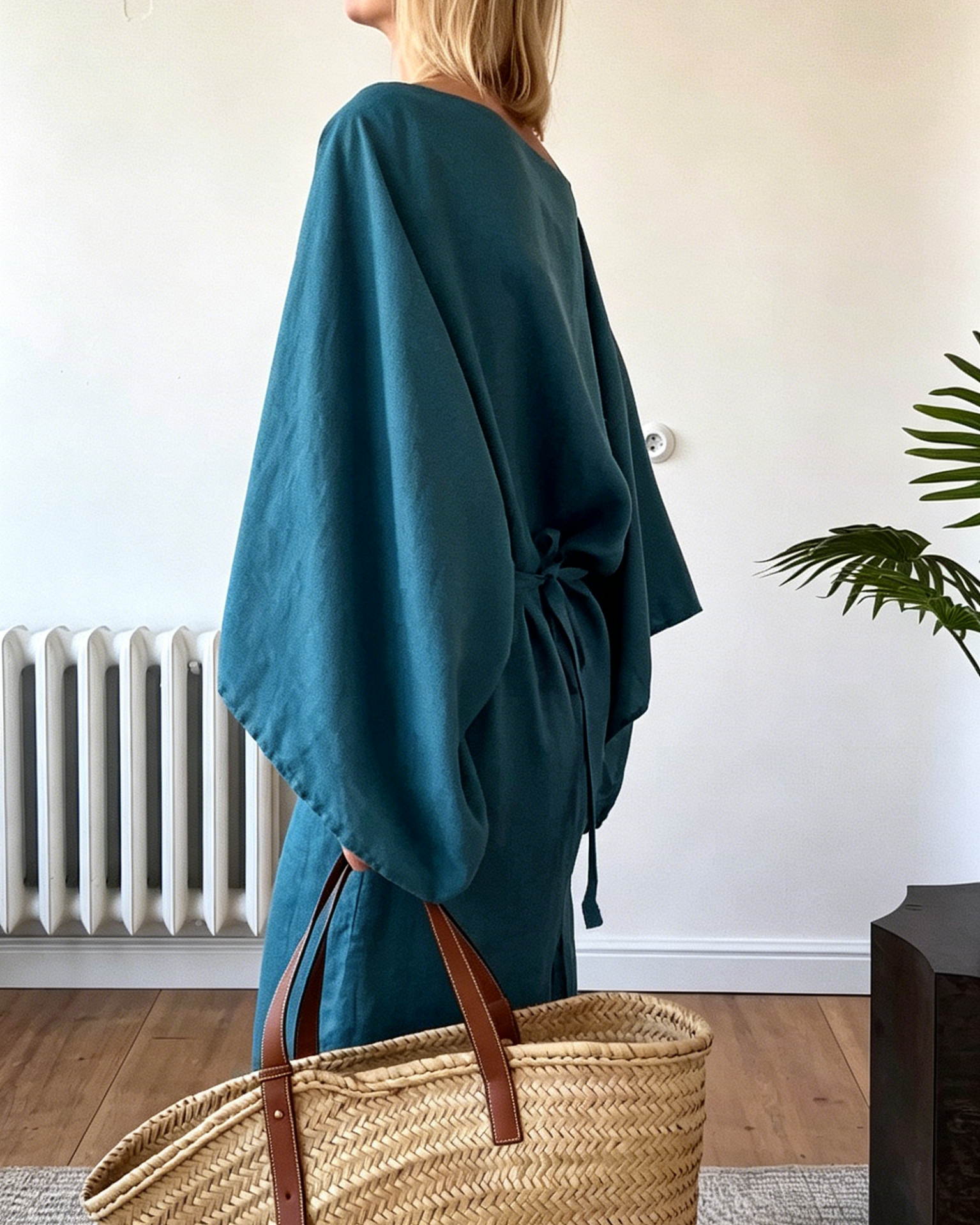 Teal Linen-Blend Two-Piece Maxi Dress with Batwing Sleeves