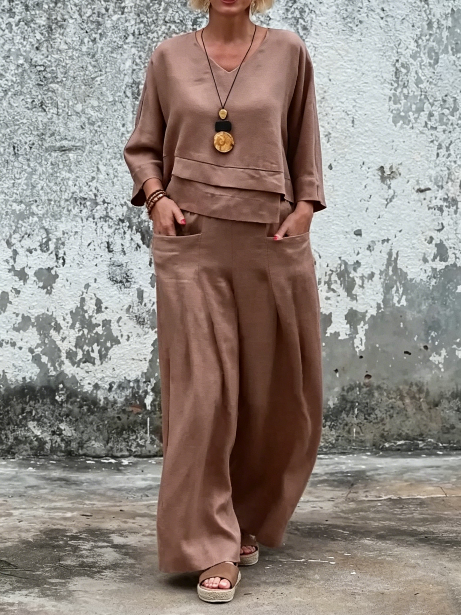 Linen Two-Piece Set - V-Neck 3/4 Sleeve Top & High Waist Wide Leg Palazzo Pants, Casual Loungewear