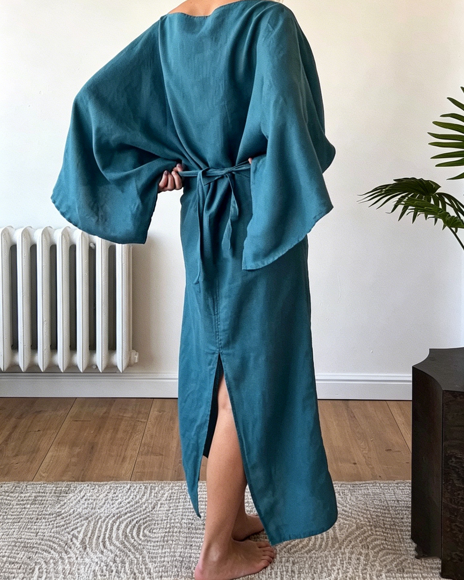 Teal Linen-Blend Two-Piece Maxi Dress with Batwing Sleeves