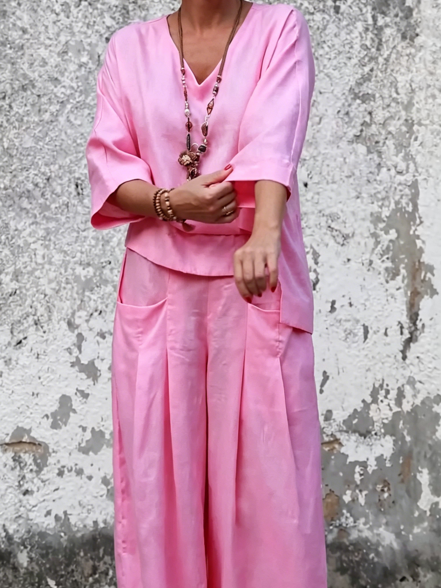 Linen Two-Piece Set - V-Neck 3/4 Sleeve Top & High Waist Wide Leg Palazzo Pants, Casual Loungewear
