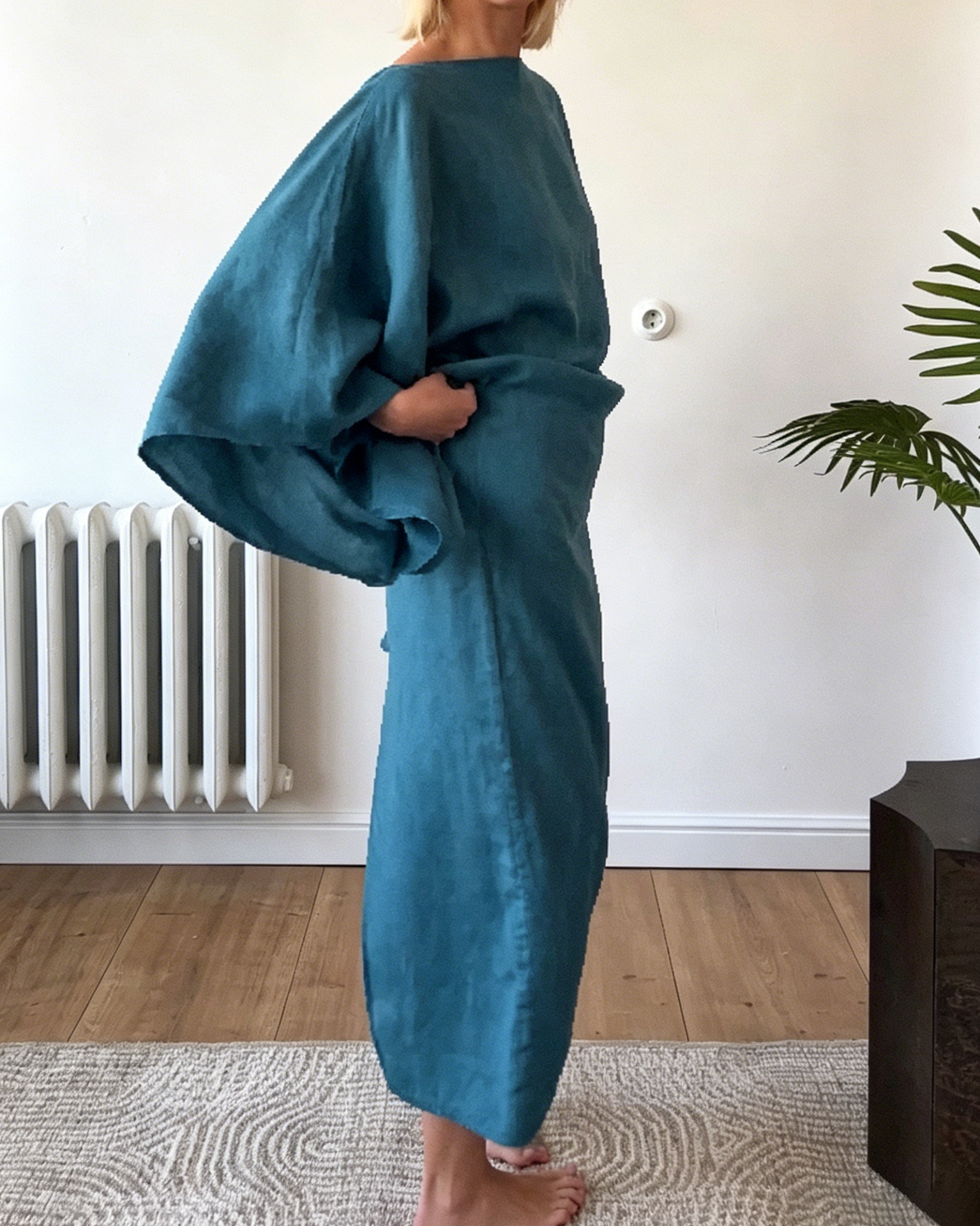 Teal Linen-Blend Two-Piece Maxi Dress with Batwing Sleeves