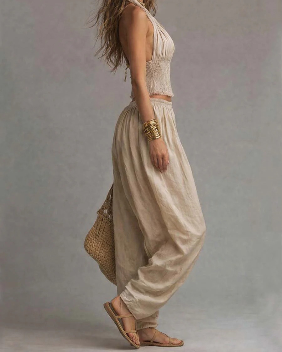 Cotton Linen Elastic Waist Boho Harem Pants