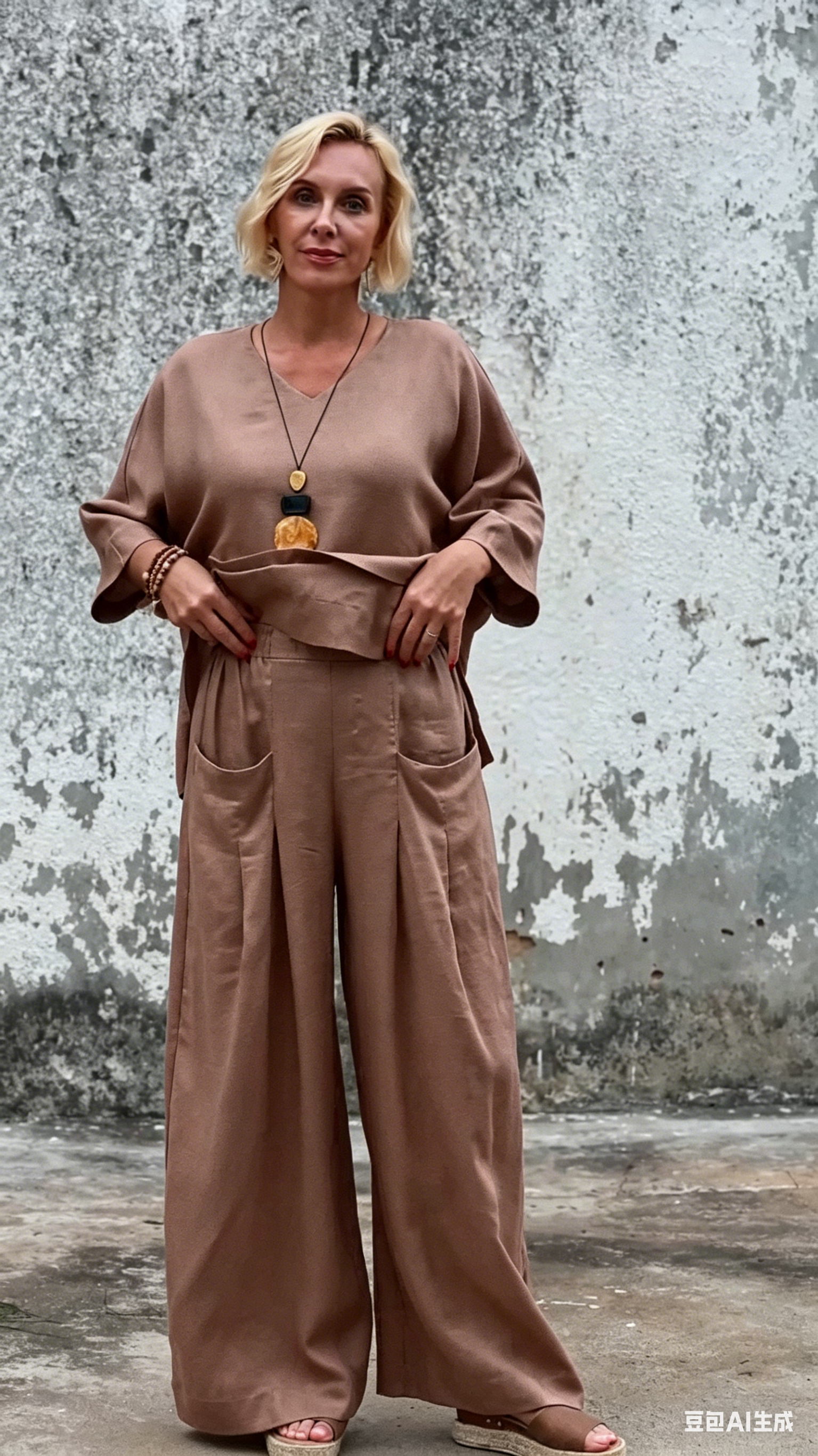Linen Two-Piece Set - V-Neck 3/4 Sleeve Top & High Waist Wide Leg Palazzo Pants, Casual Loungewear