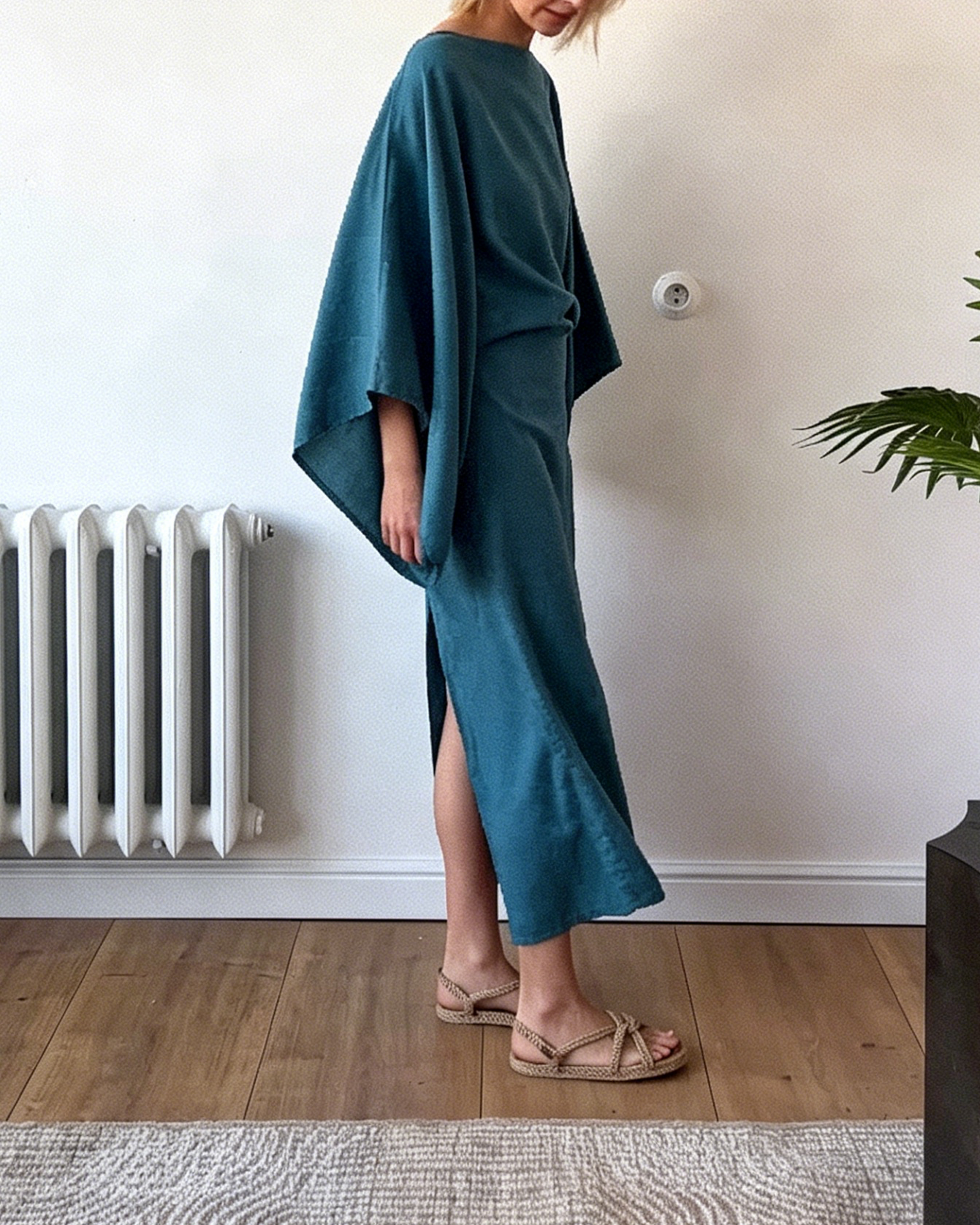 Teal Linen-Blend Two-Piece Maxi Dress with Batwing Sleeves