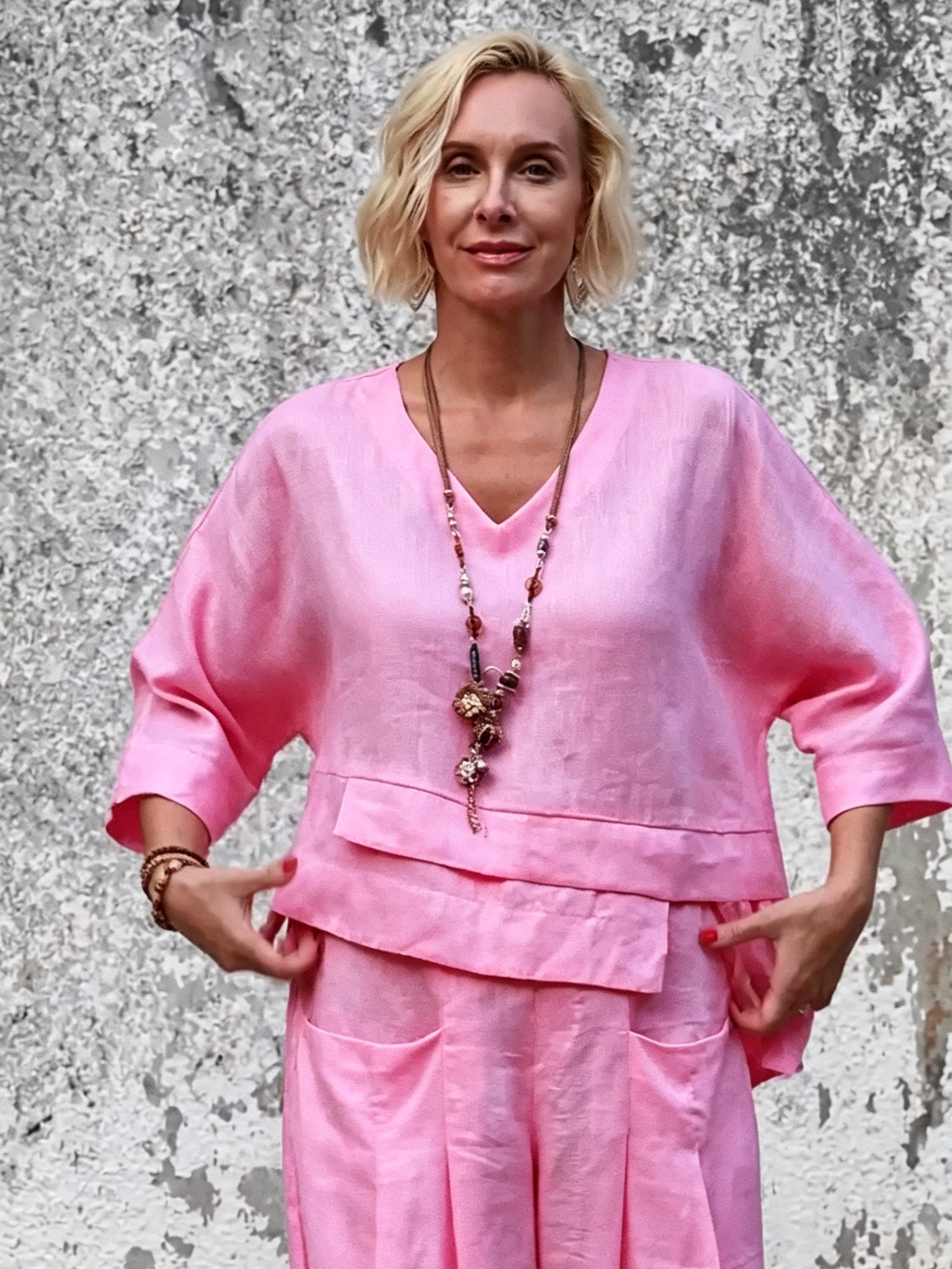 Linen Two-Piece Set - V-Neck 3/4 Sleeve Top & High Waist Wide Leg Palazzo Pants, Casual Loungewear
