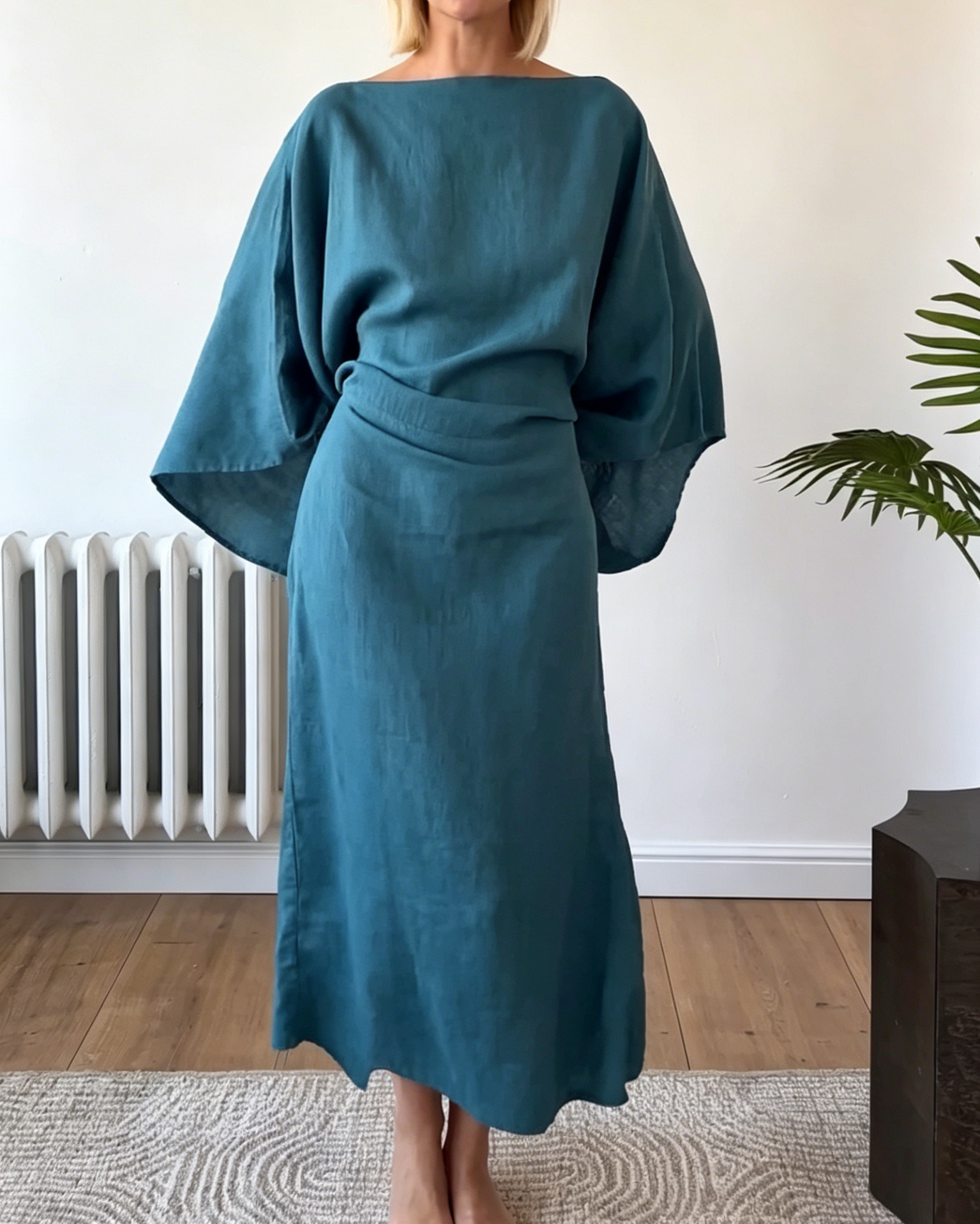 Teal Linen-Blend Two-Piece Maxi Dress with Batwing Sleeves