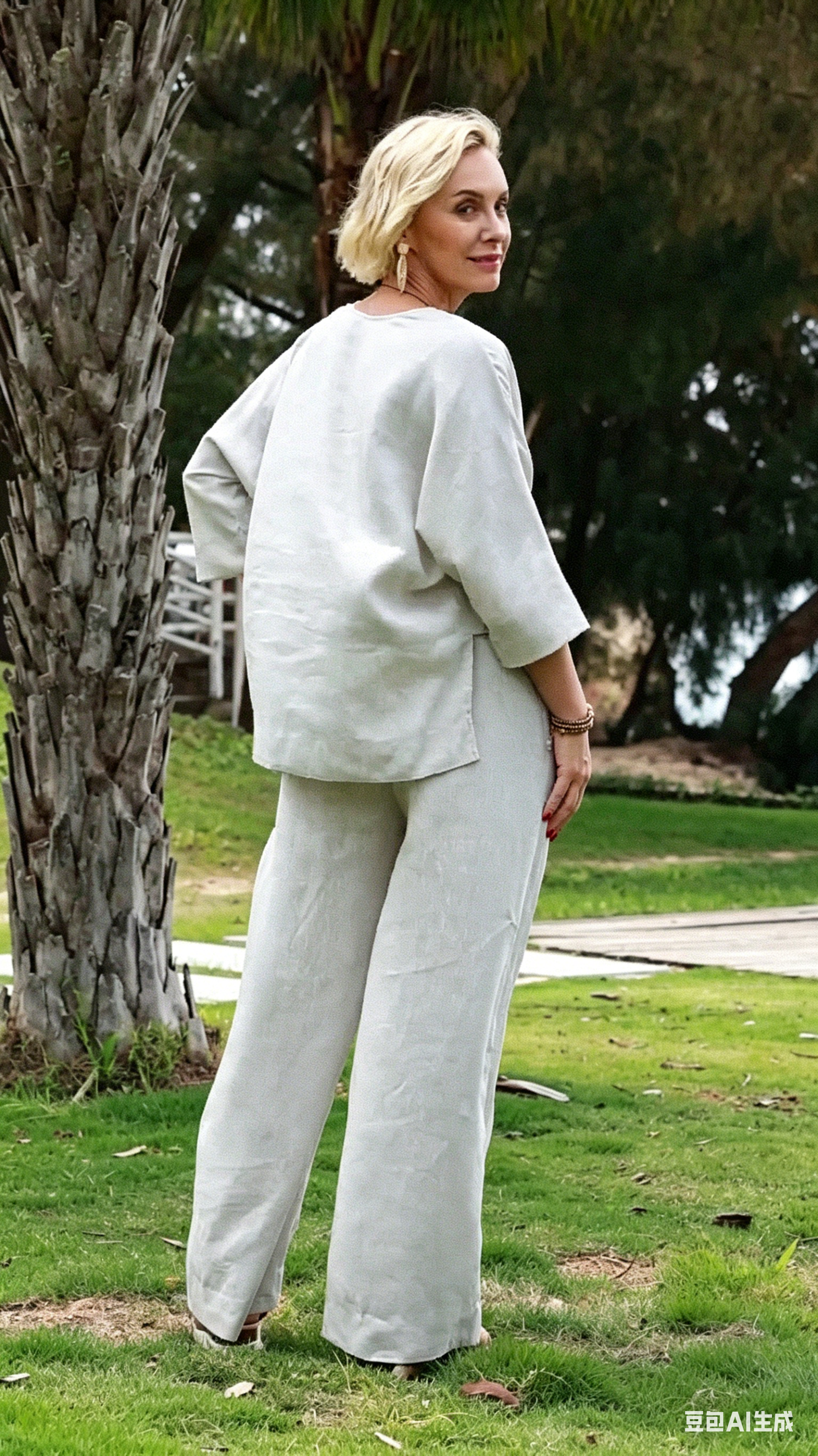 Linen Two-Piece Set - V-Neck 3/4 Sleeve Top & High Waist Wide Leg Palazzo Pants, Casual Loungewear
