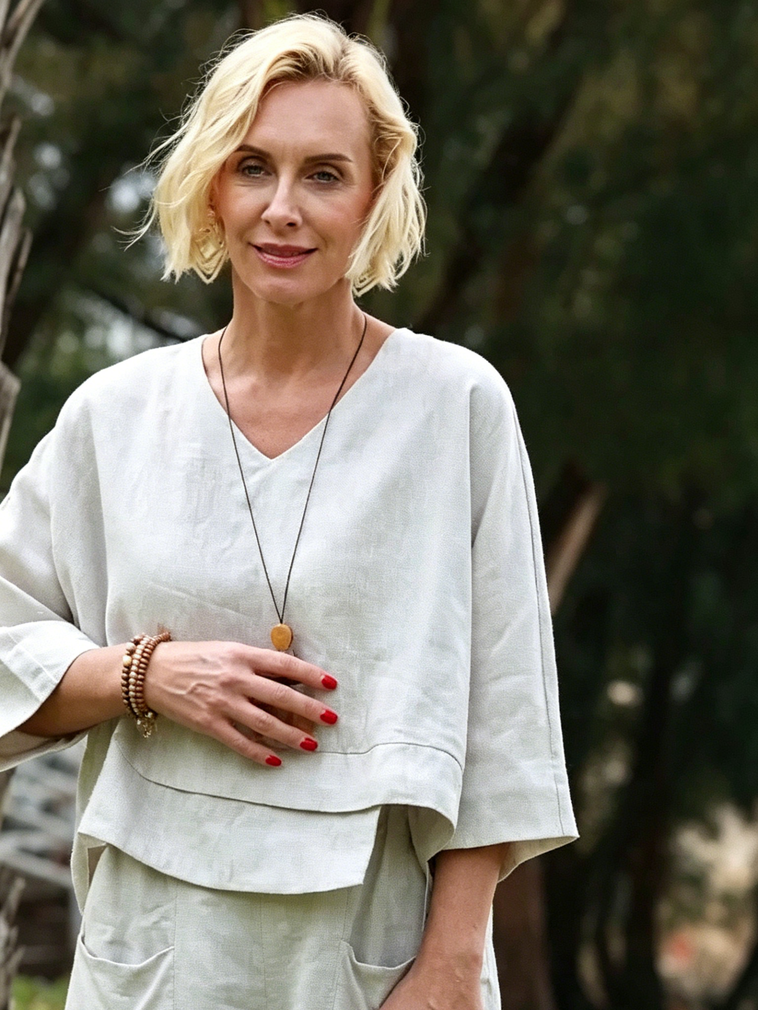 Linen Two-Piece Set - V-Neck 3/4 Sleeve Top & High Waist Wide Leg Palazzo Pants, Casual Loungewear