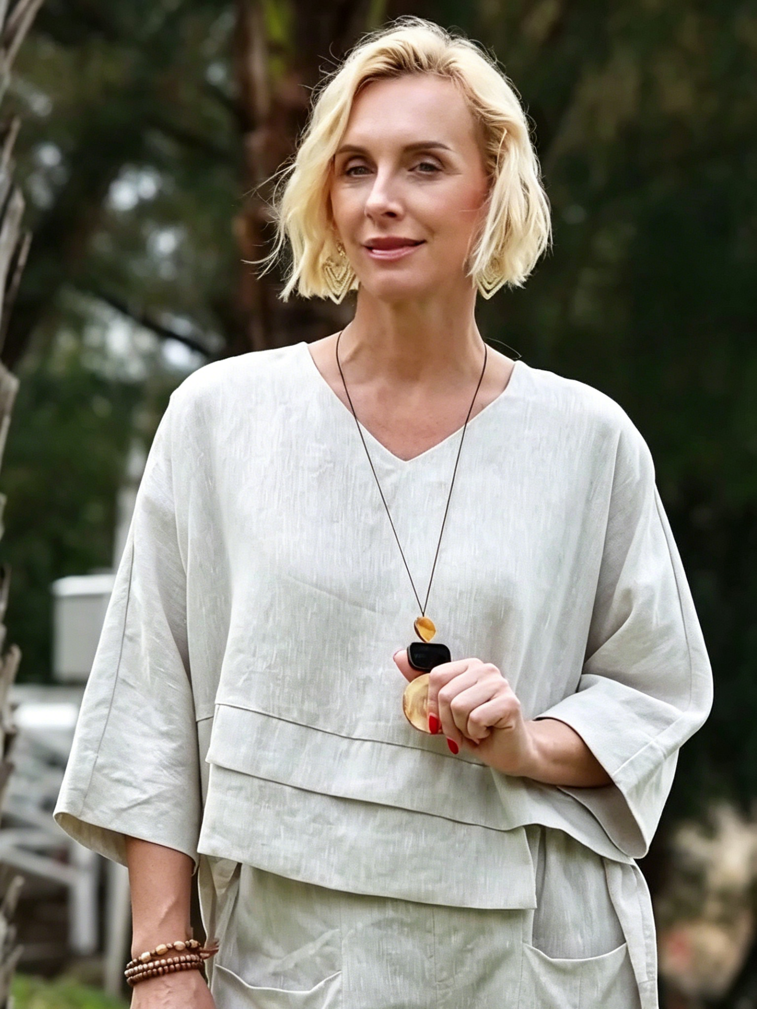 Linen Two-Piece Set - V-Neck 3/4 Sleeve Top & High Waist Wide Leg Palazzo Pants, Casual Loungewear