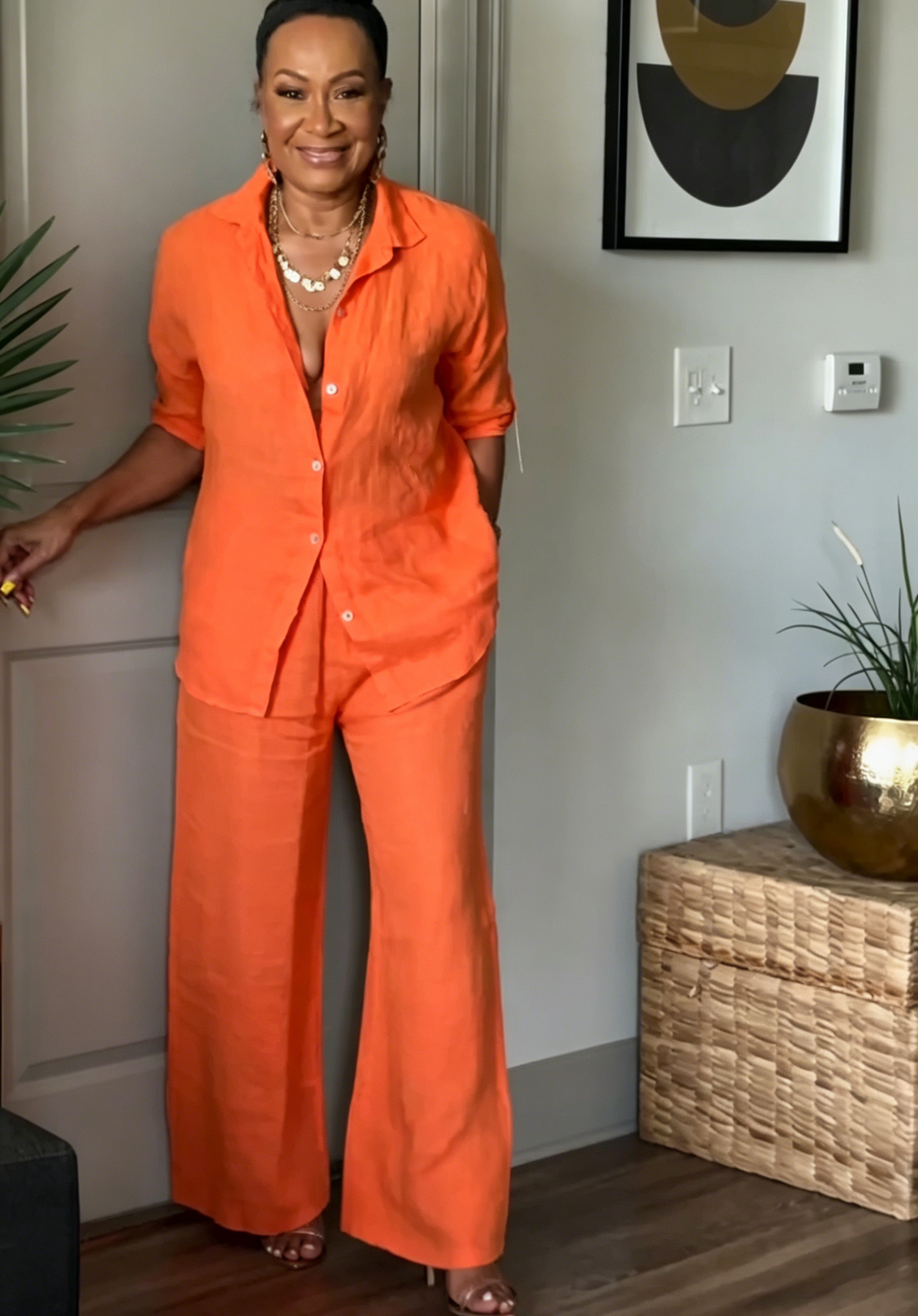 Linen Two-Piece Outfit - Collared Button-Down Shirt & High Waist Wide Leg Pants for Women