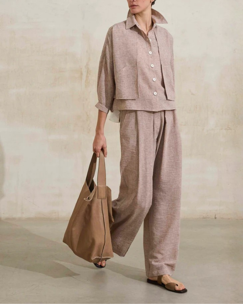 Women’s Linen Textured Jacket & Wide Leg Pants 2-Piece Set