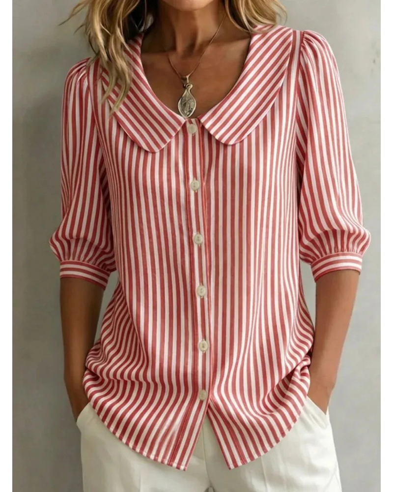 New Arrivals🔥 Women's Retro Peter Pan Collar Striped Cotton Linen Shirt