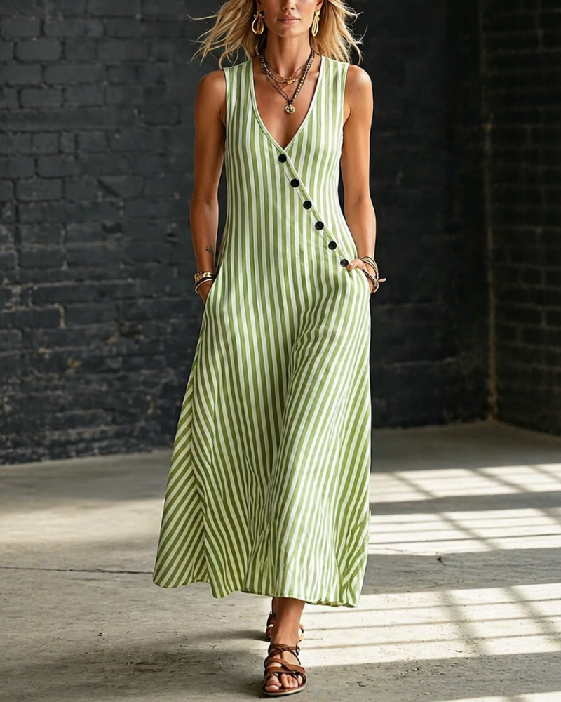 New Arrivals🔥Striped V-Neck Sleeveless Maxi Dress with Button Detail