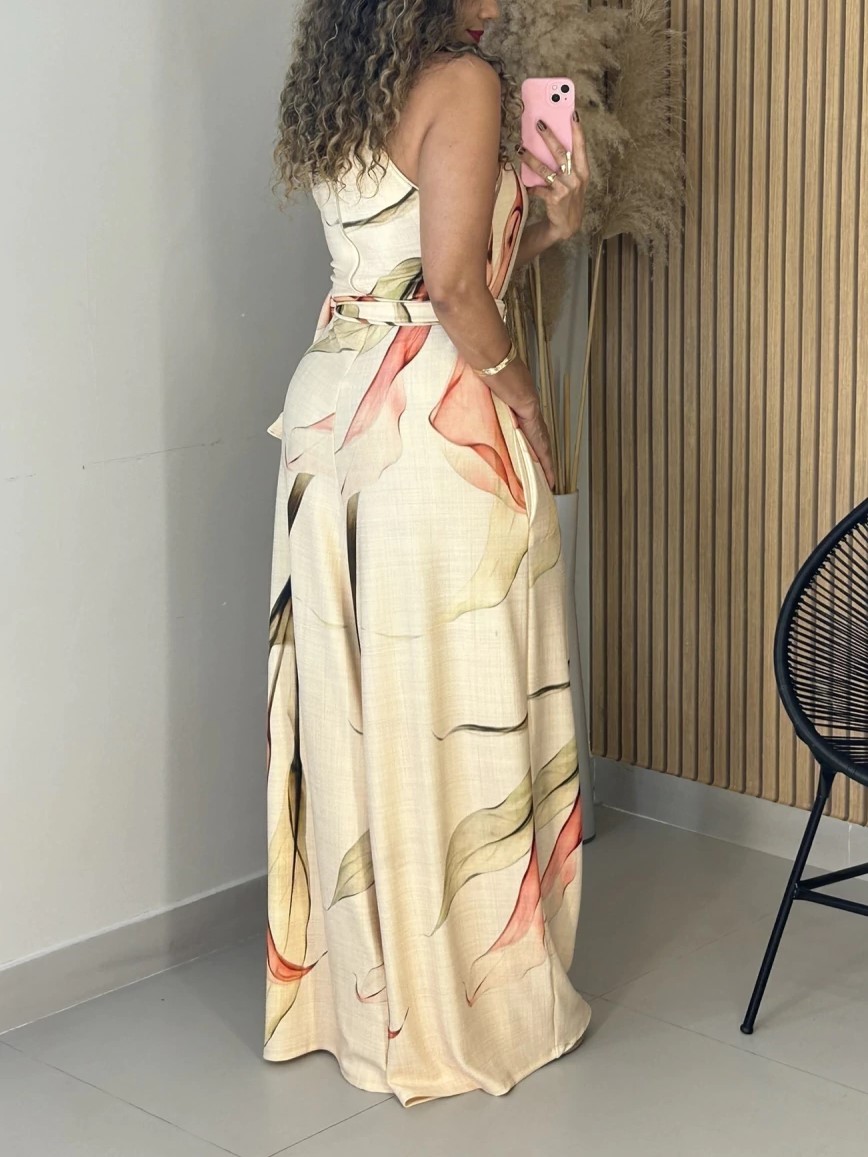 Floral Print Sleeveless Belted Wide Leg Jumpsuit
