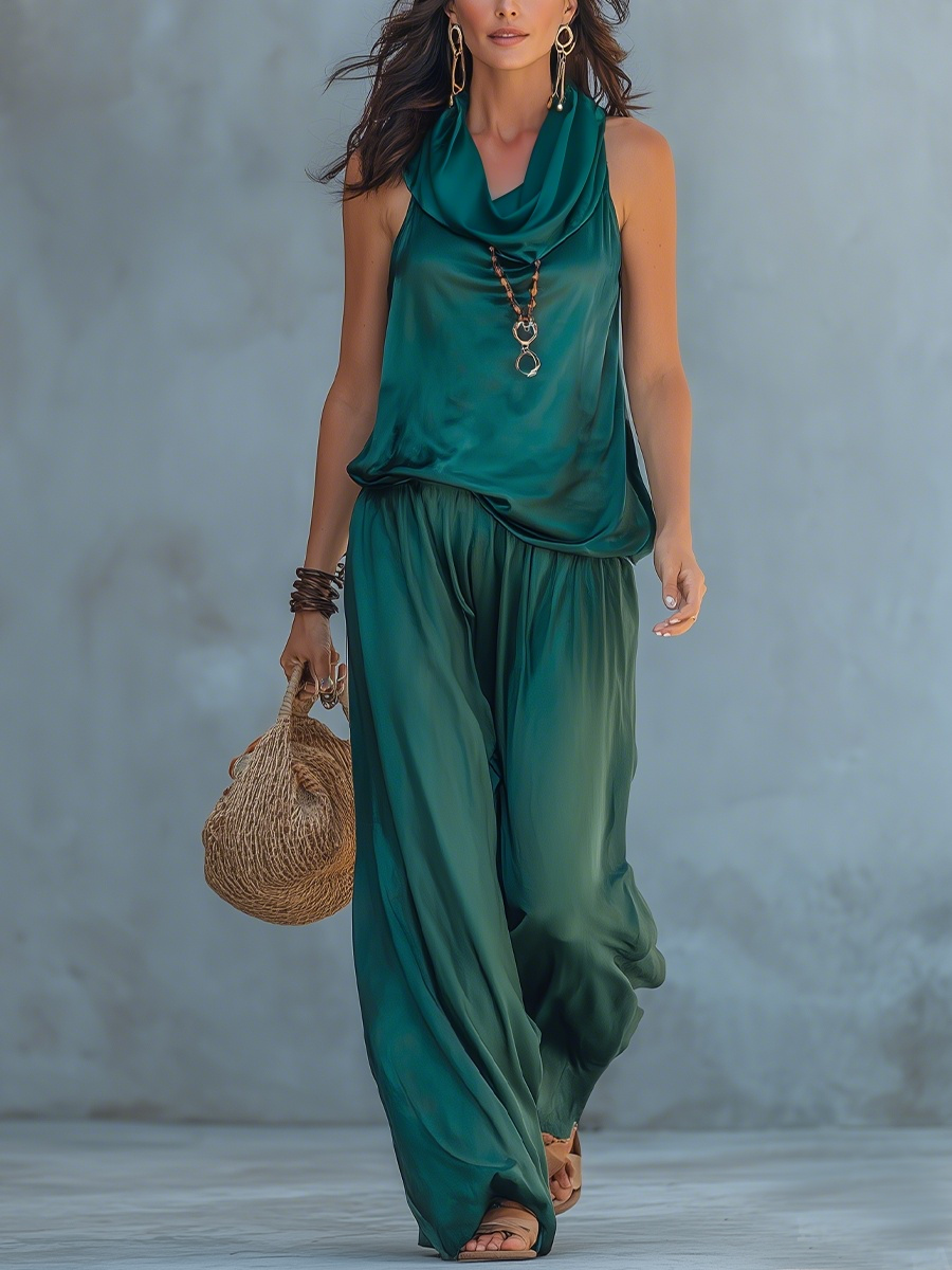 Bohemian Turtleneck Top And Wide-leg Pants Suit