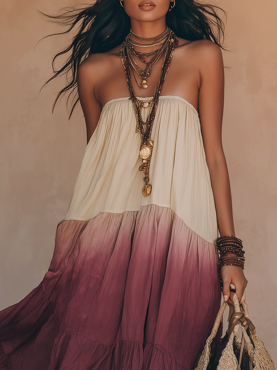 Effortless Boho Strapless Ombre Flowy Tiered Maxi Dress
