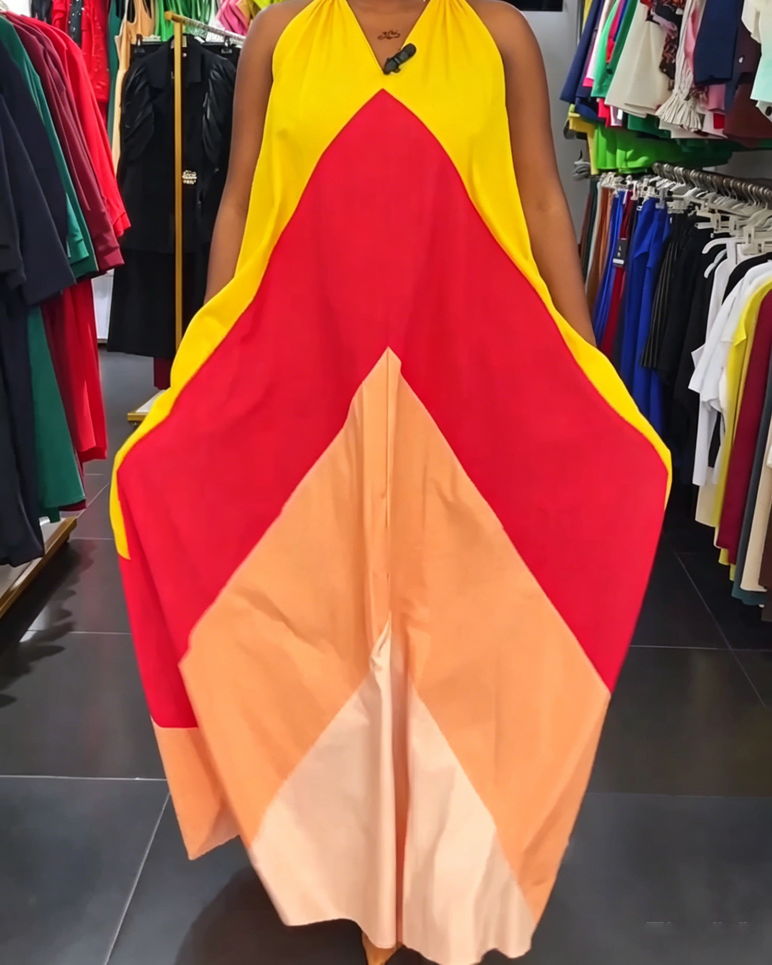 Red Orange Color Block Halter Neck Maxi Dress