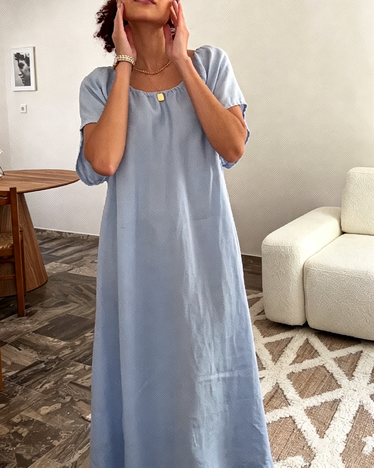 Light Blue Casual Loose-Fit Linen Midi Dress with Square Neckline