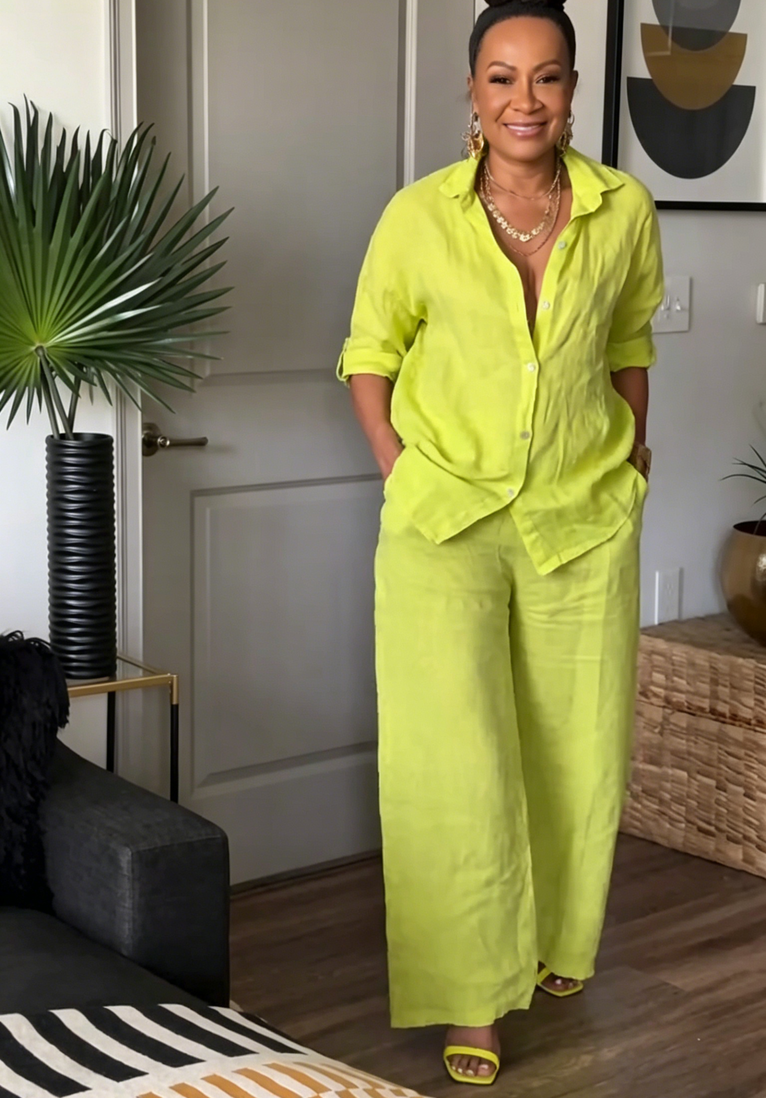 Linen Two-Piece Outfit - Collared Button-Down Shirt & High Waist Wide Leg Pants for Women