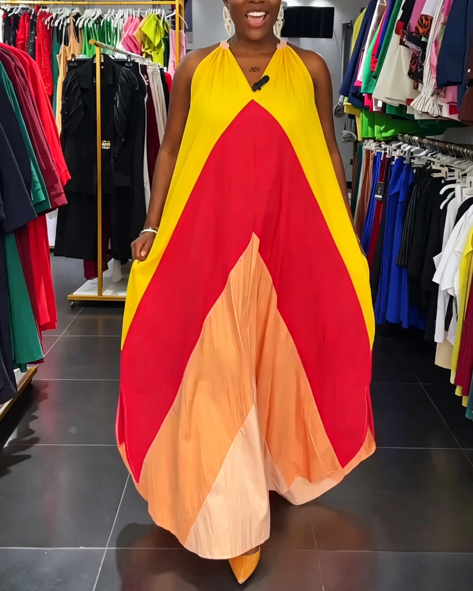 Red Orange Color Block Halter Neck Maxi Dress