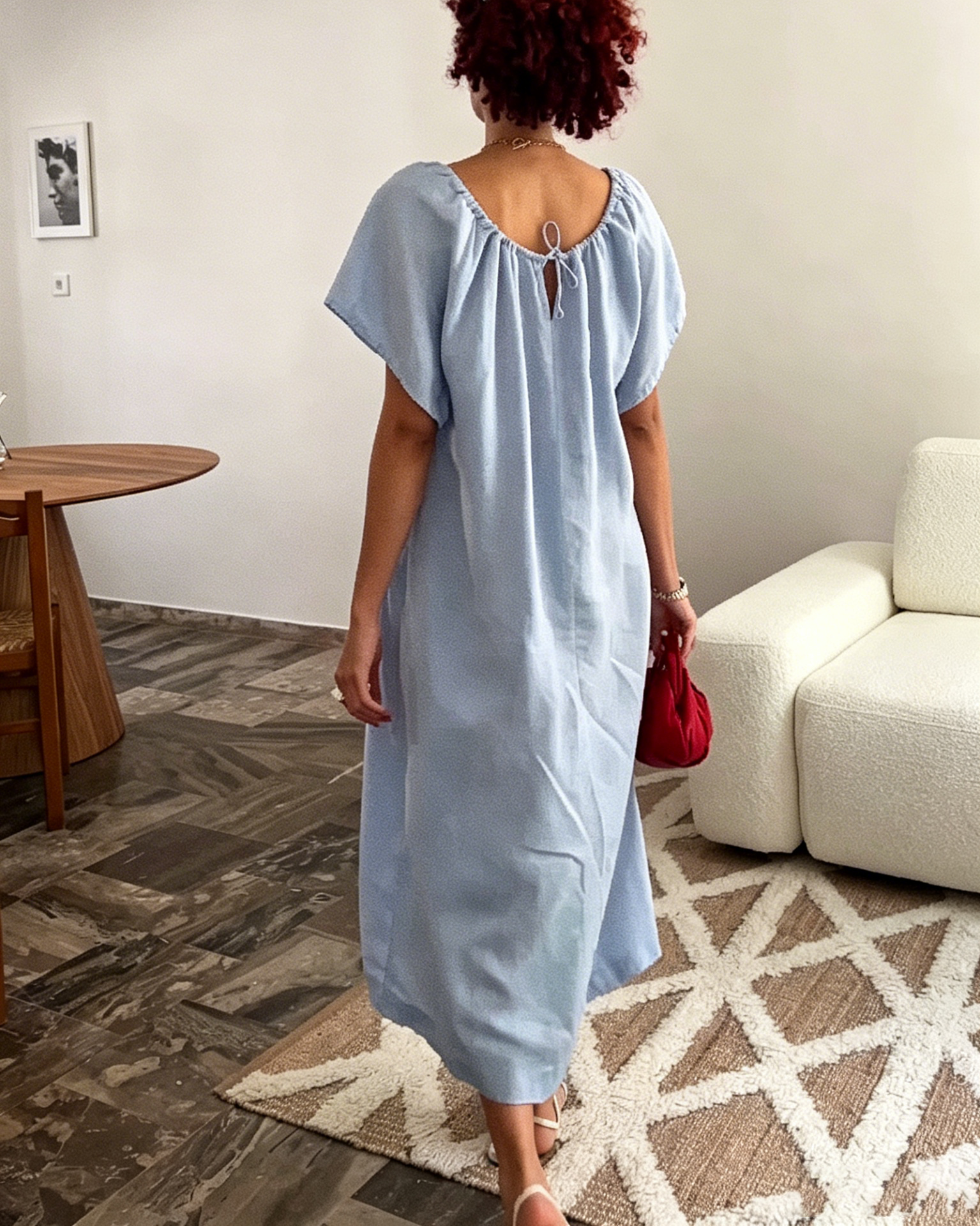 Light Blue Casual Loose-Fit Linen Midi Dress with Square Neckline