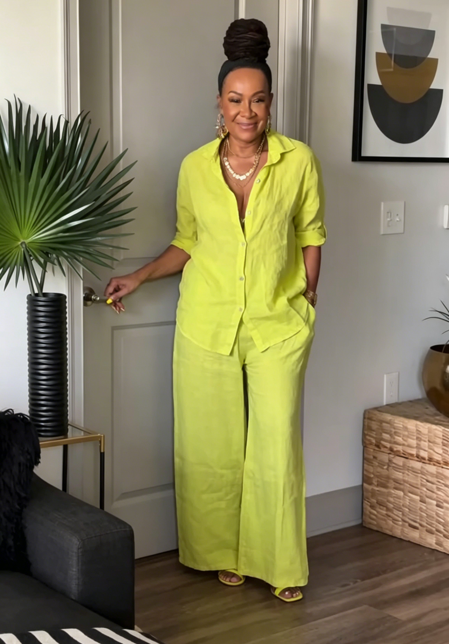 Linen Two-Piece Outfit - Collared Button-Down Shirt & High Waist Wide Leg Pants for Women