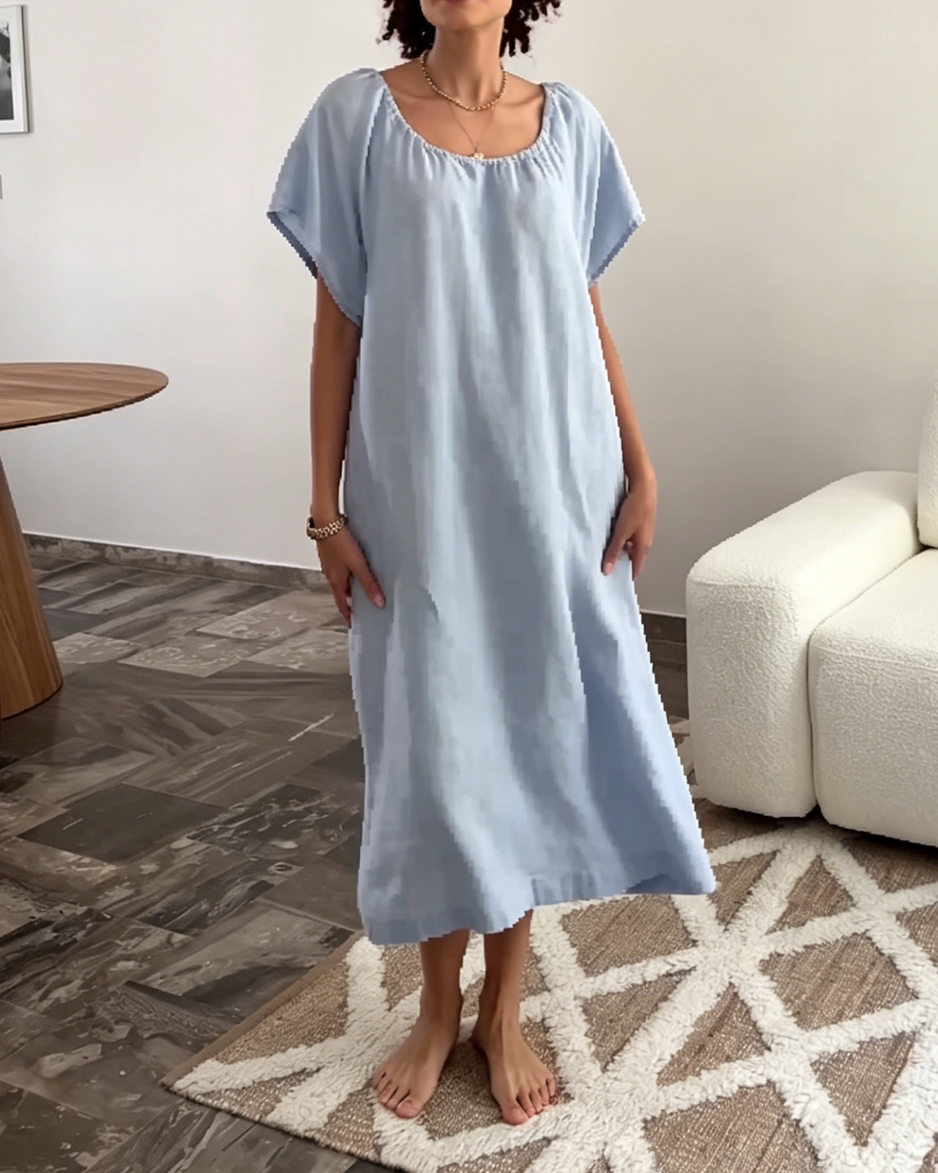 Light Blue Casual Loose-Fit Linen Midi Dress with Square Neckline