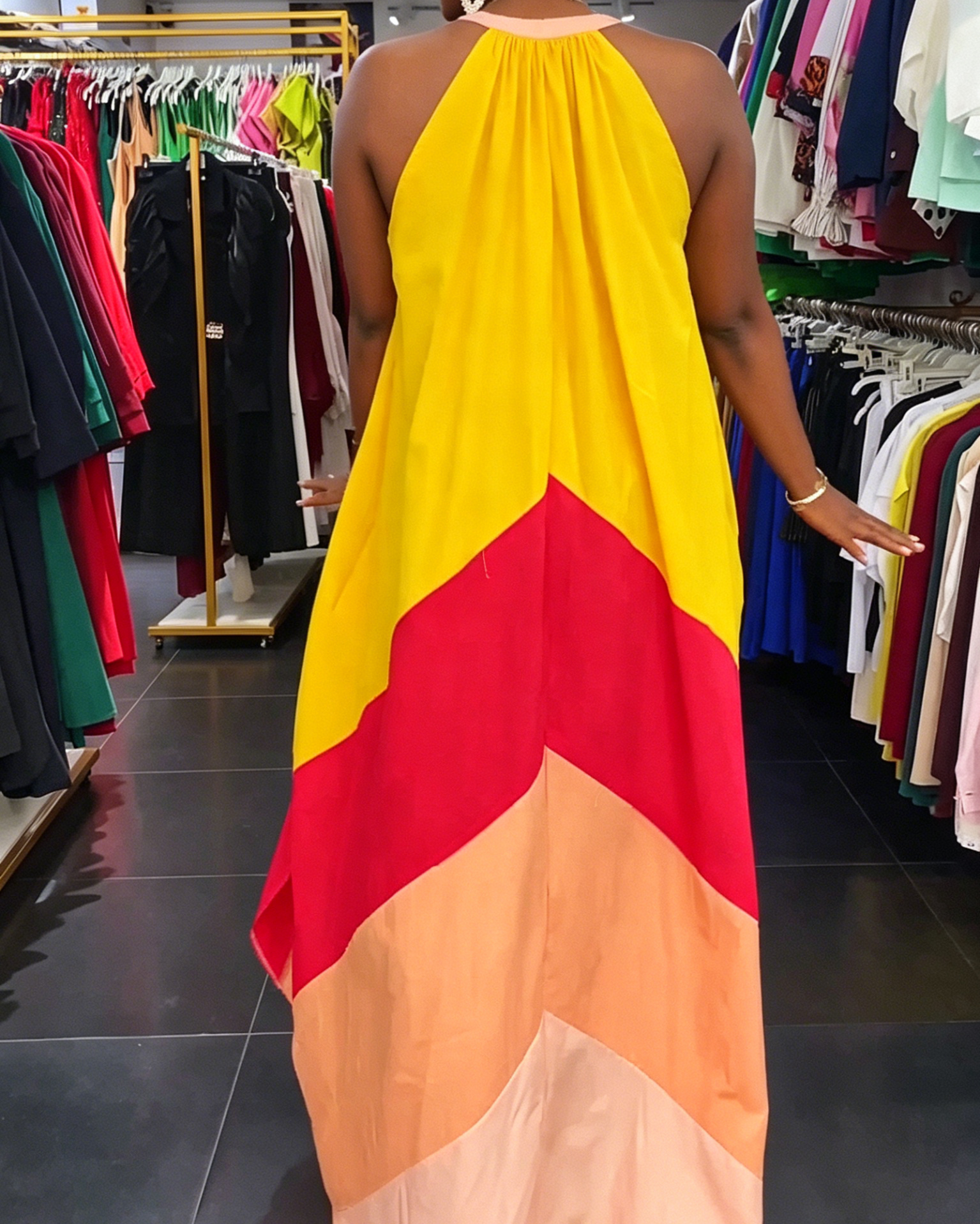 Red Orange Color Block Halter Neck Maxi Dress