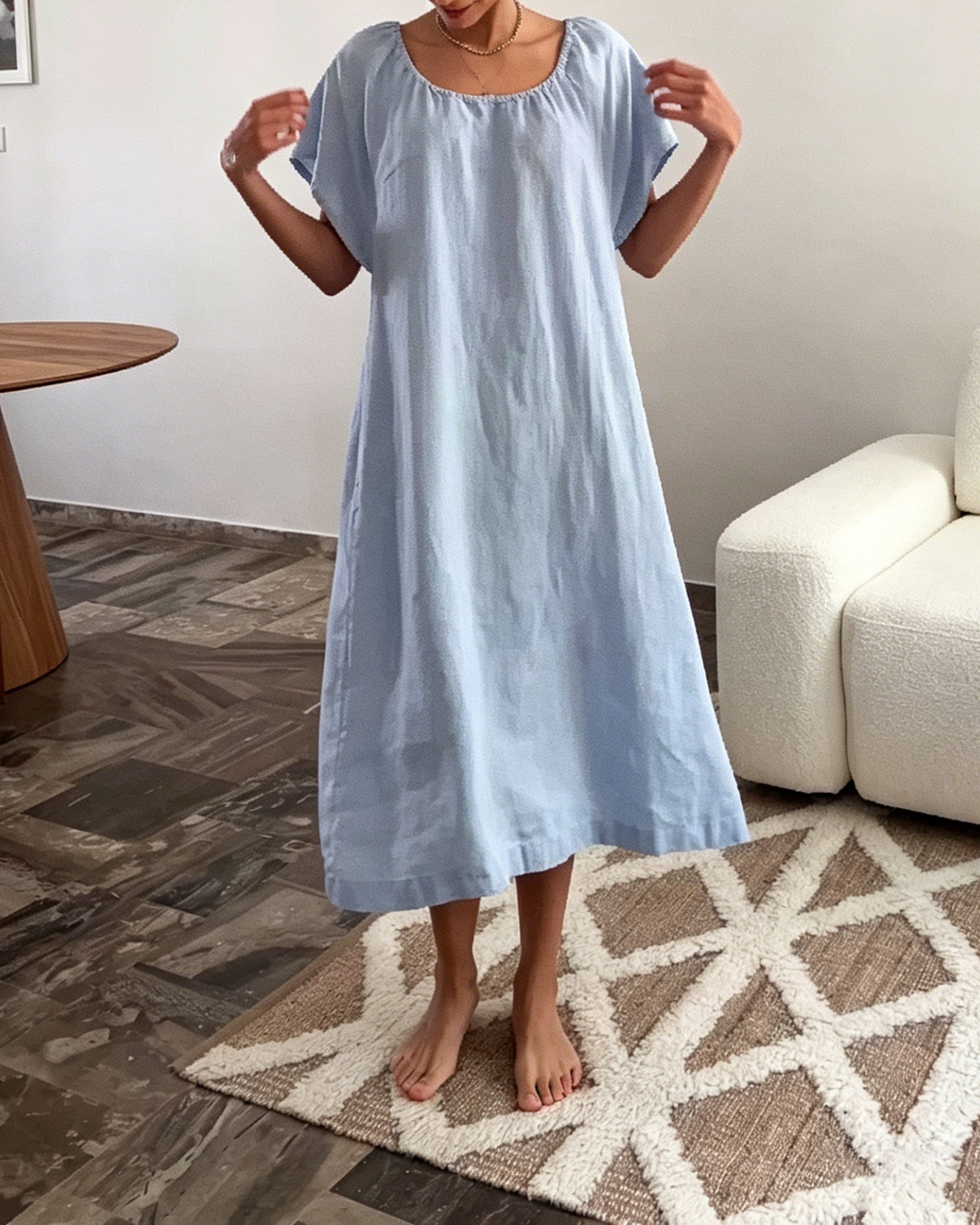 Light Blue Casual Loose-Fit Linen Midi Dress with Square Neckline