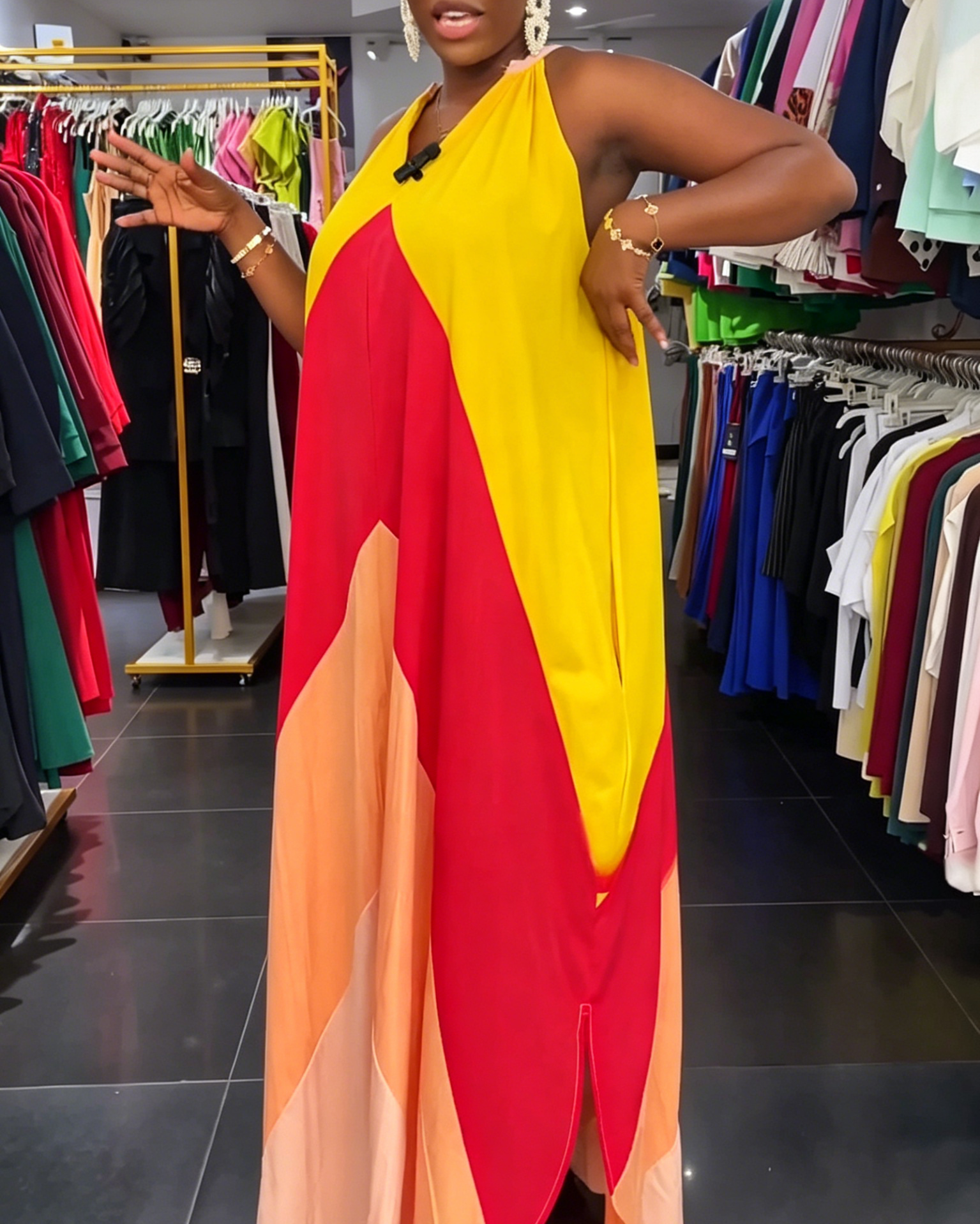 Red Orange Color Block Halter Neck Maxi Dress