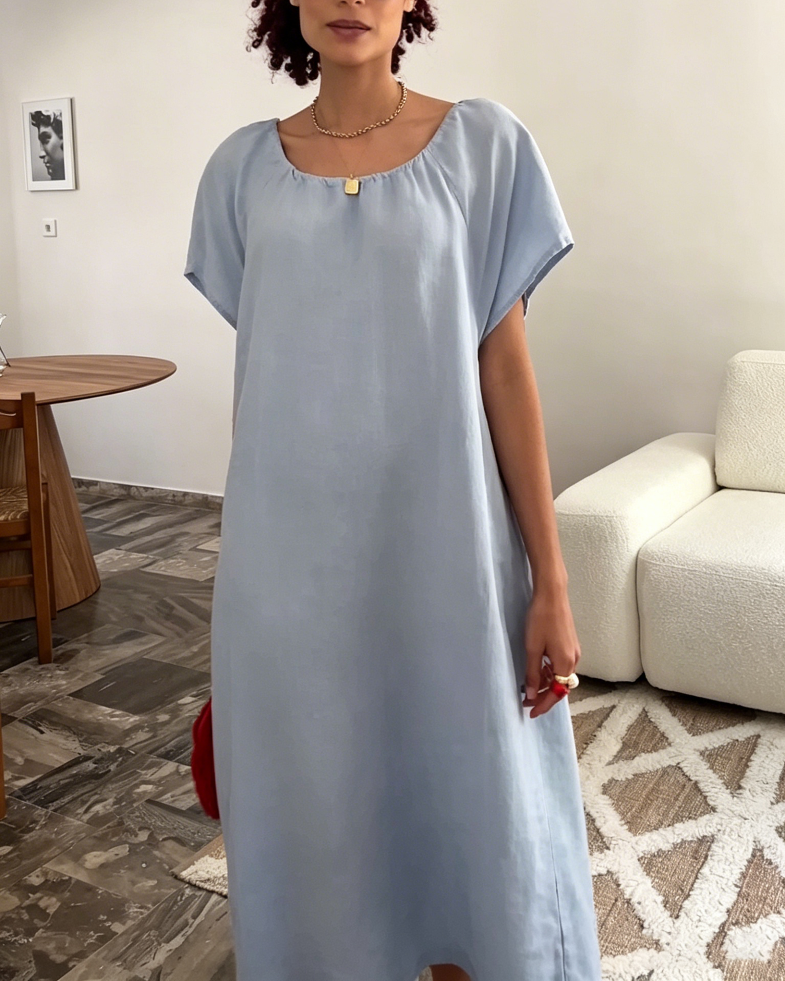 Light Blue Casual Loose-Fit Linen Midi Dress with Square Neckline